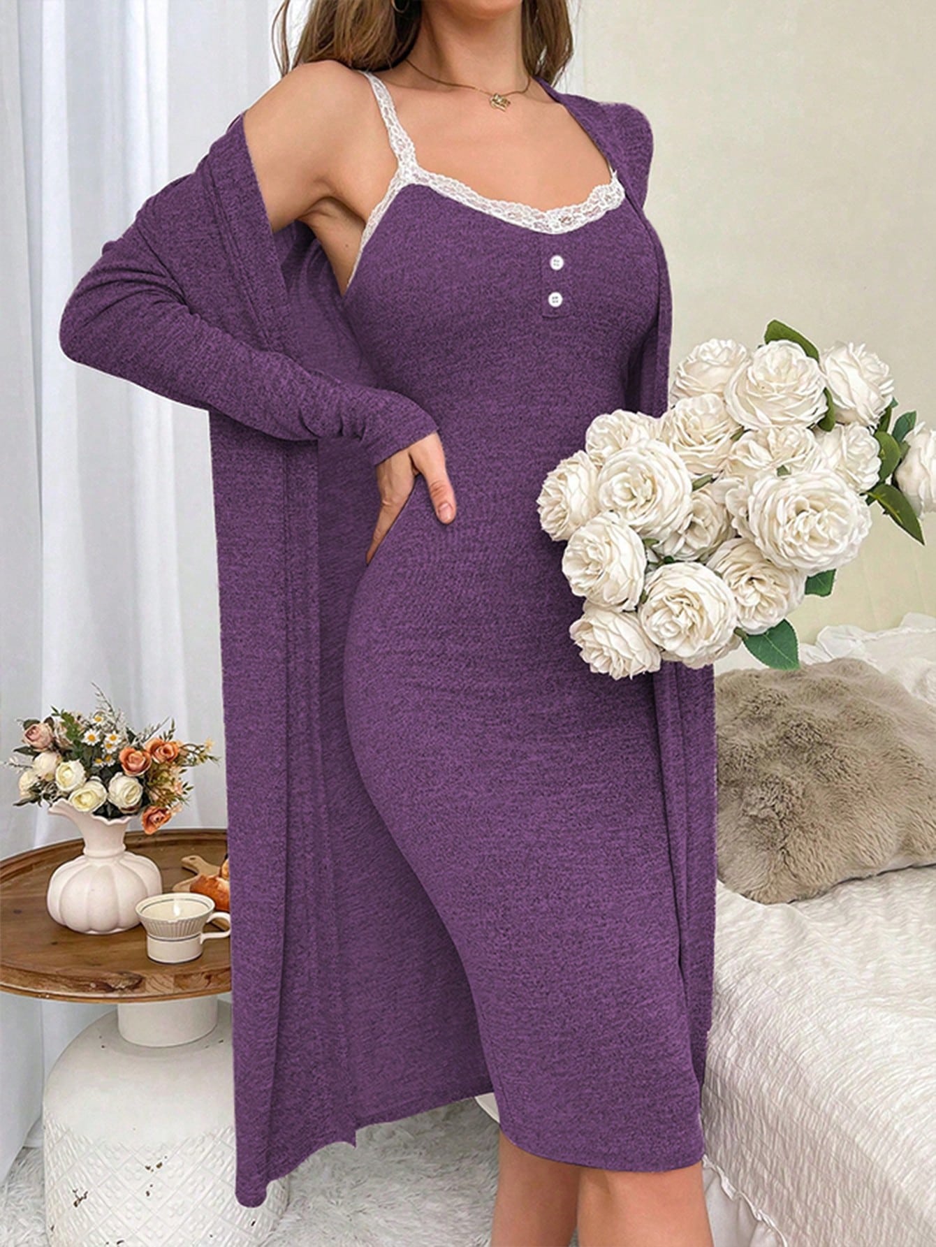 Women Lace Splice Fit Camisole & Cardigan Pajama Set