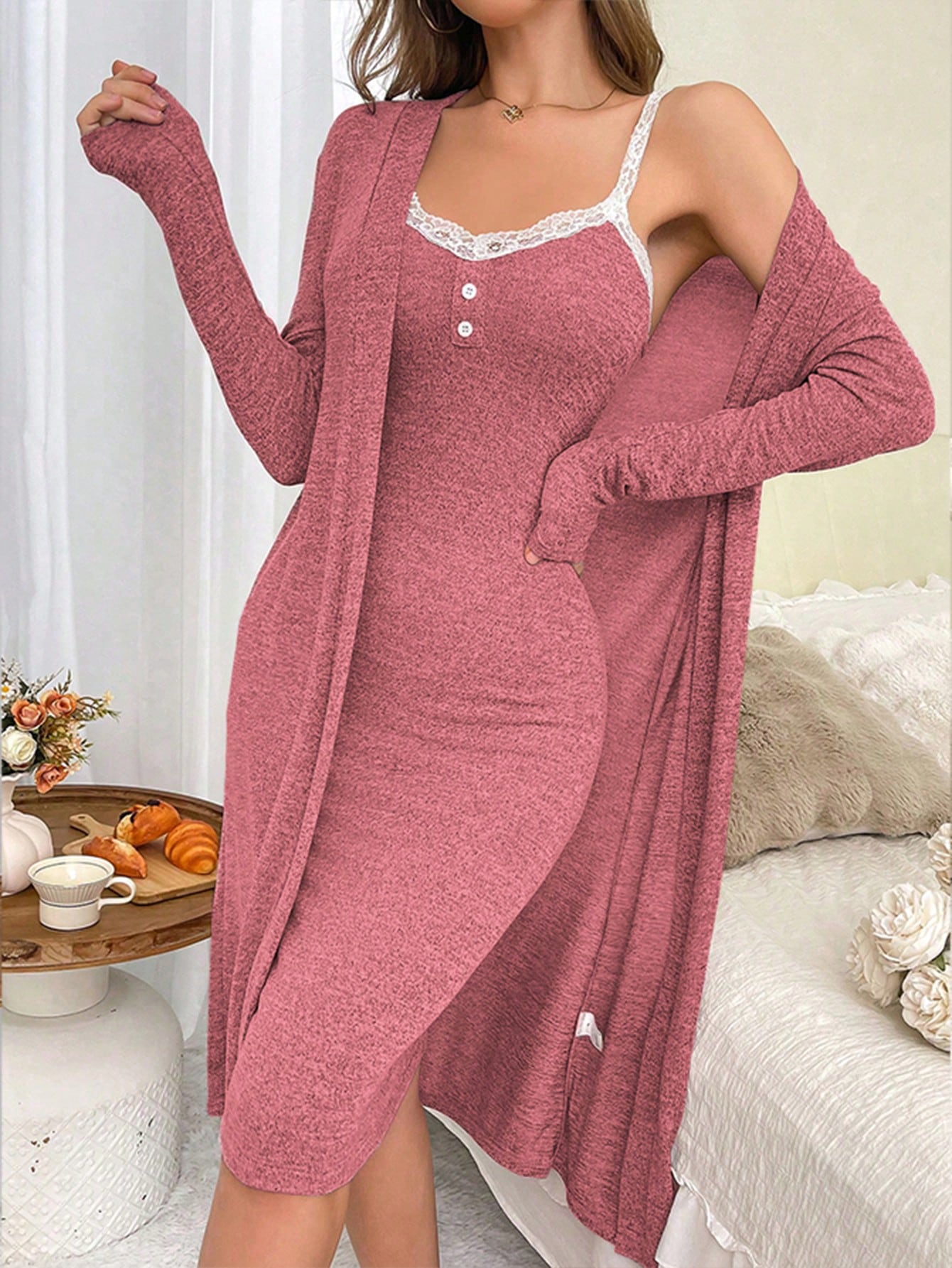 Women Lace Splice Fit Camisole & Cardigan Pajama Set