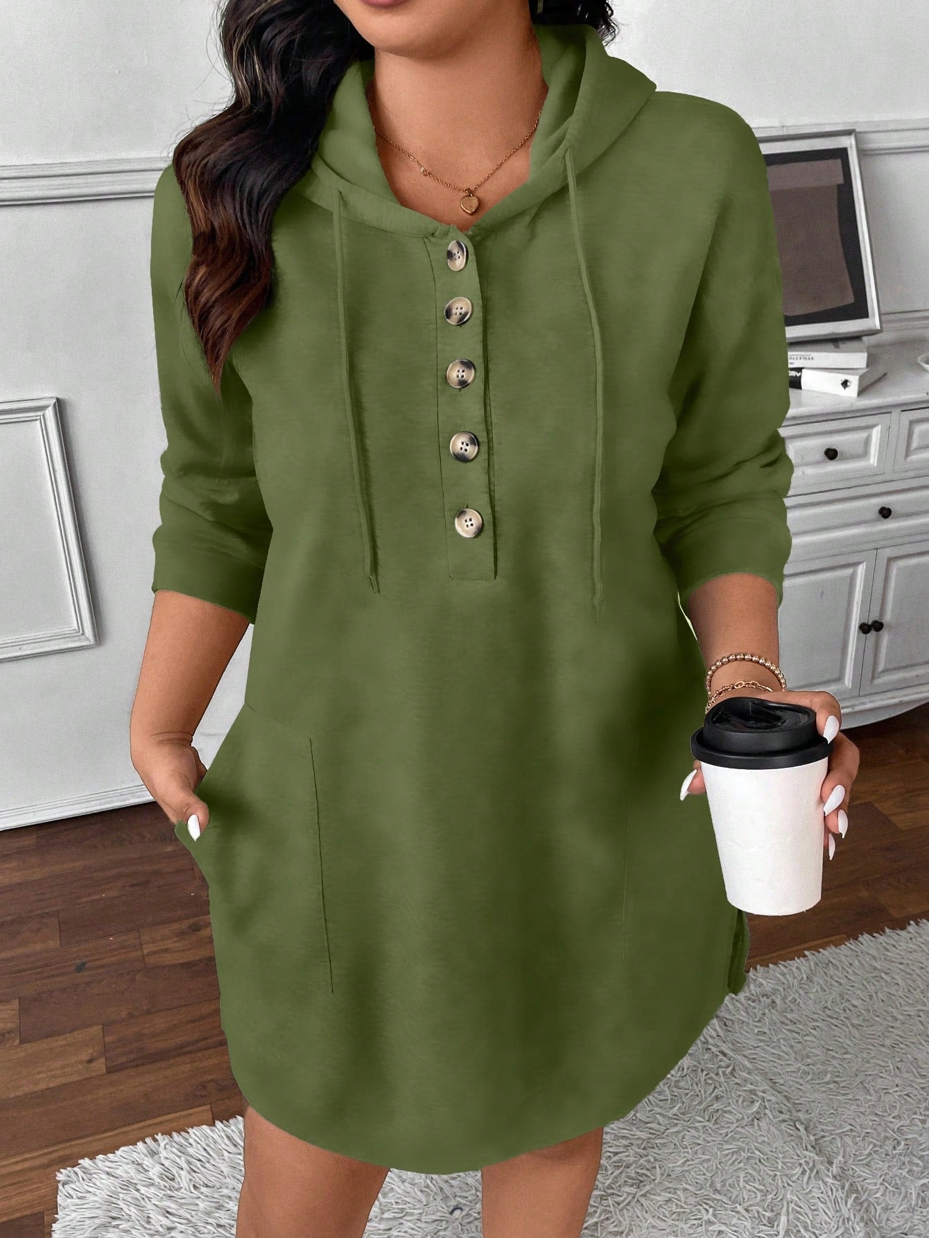 Frenchy Plus Size Women's Women Fall Clothes,Fall Clothes,Airport Outfit,Casual Dress,Spring And Autumn Solid Color Button Half Placket Long Sleeve Insert Pocket Casual Hooded Sweatshirt Dress