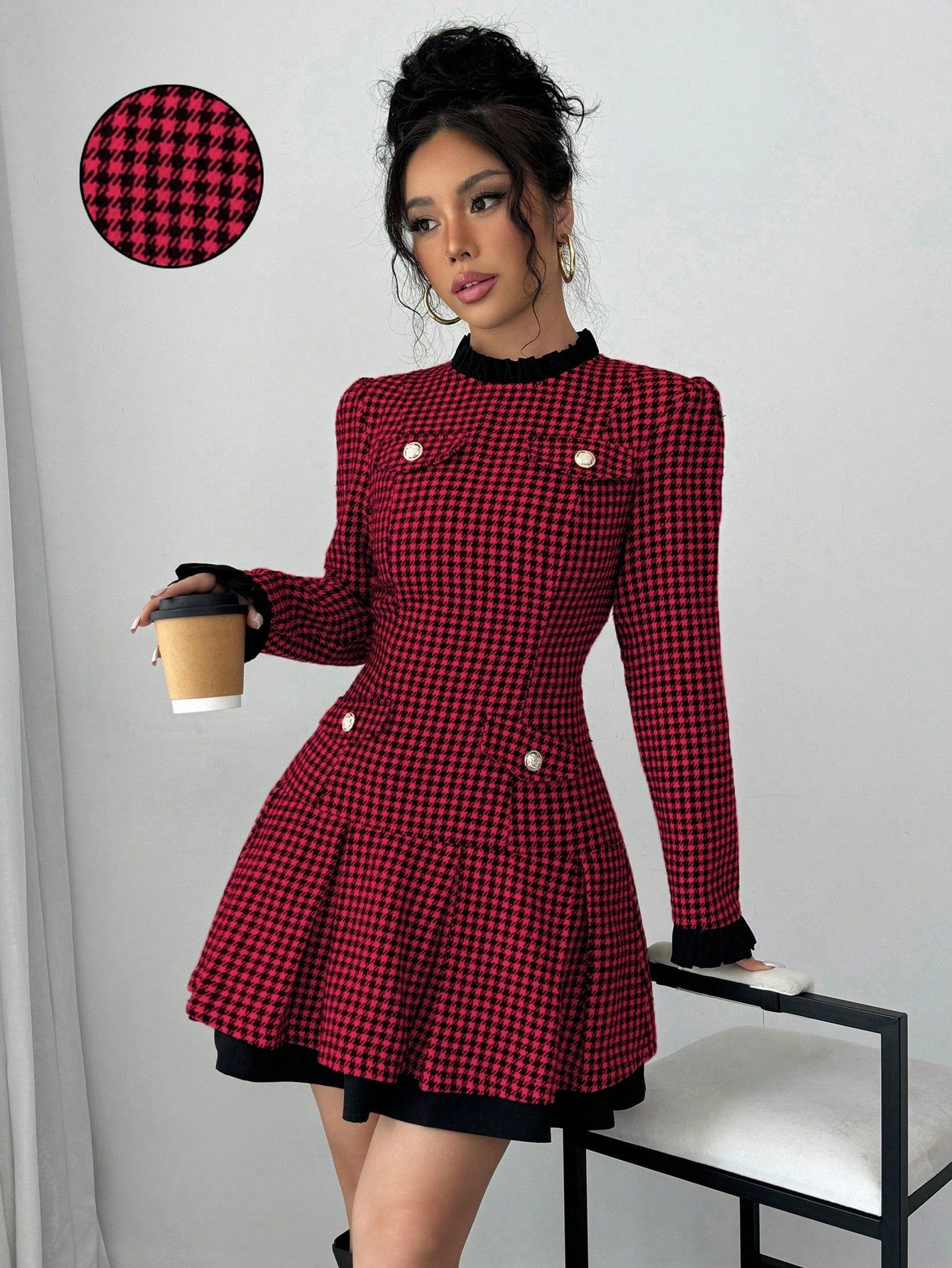 Raffinéa Women's Ruffle Collar Long Sleeve Houndstooth Patchwork Elegant Dress