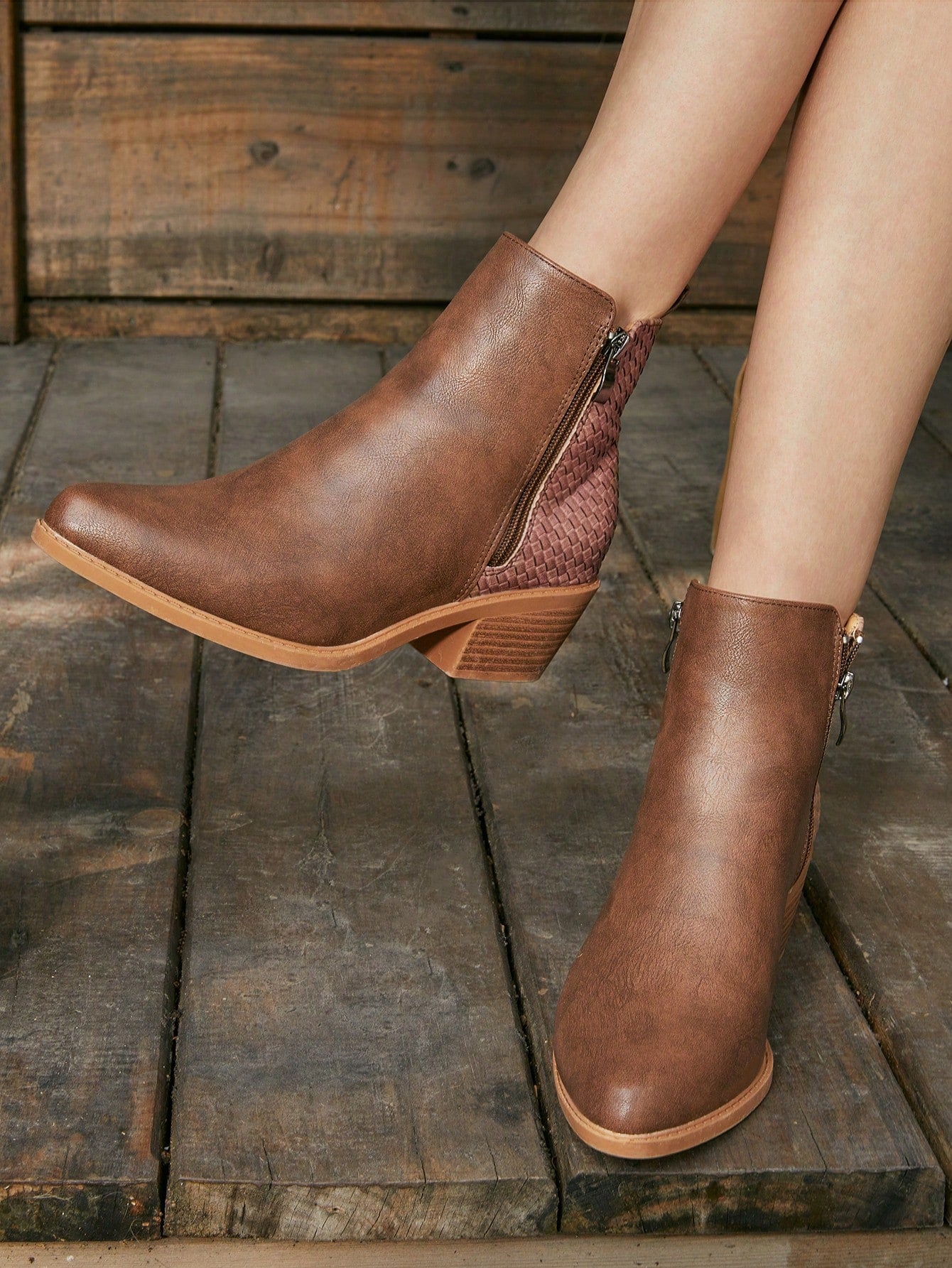 Styleloop Women's Fashionable Western Embroidered Chunky Heel Ankle Boots In Apricot, Fall Shoes For Christmas And New Year Holiday