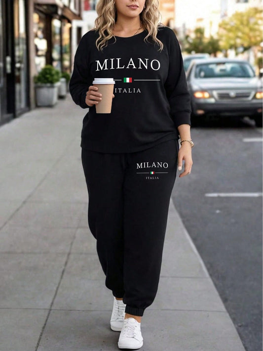 MOOSTA Milan Letter Print Women Plus Size Casual Fashion Crew Neck Sweatshirt And Sweatpants Sports Suit