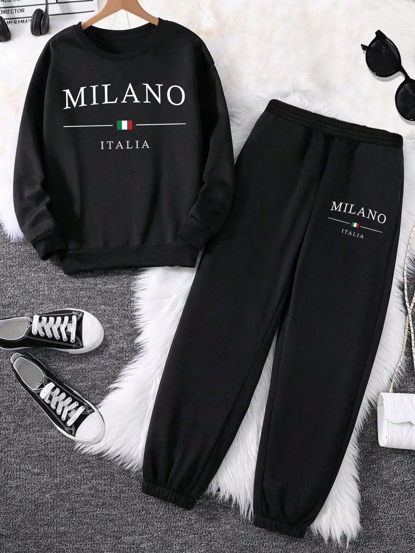 MOOSTA Milan Letter Print Women Plus Size Casual Fashion Crew Neck Sweatshirt And Sweatpants Sports Suit