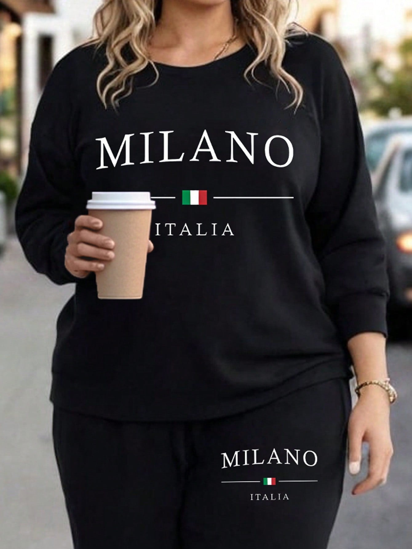 MOOSTA Milan Letter Print Women Plus Size Casual Fashion Crew Neck Sweatshirt And Sweatpants Sports Suit