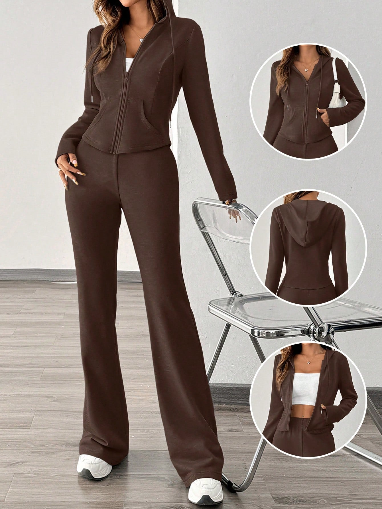 Essnce 2pcs Women Fashion Casual Sports Sweatsuit, Hoodie Jacket And Wide Leg Pants, Autumn