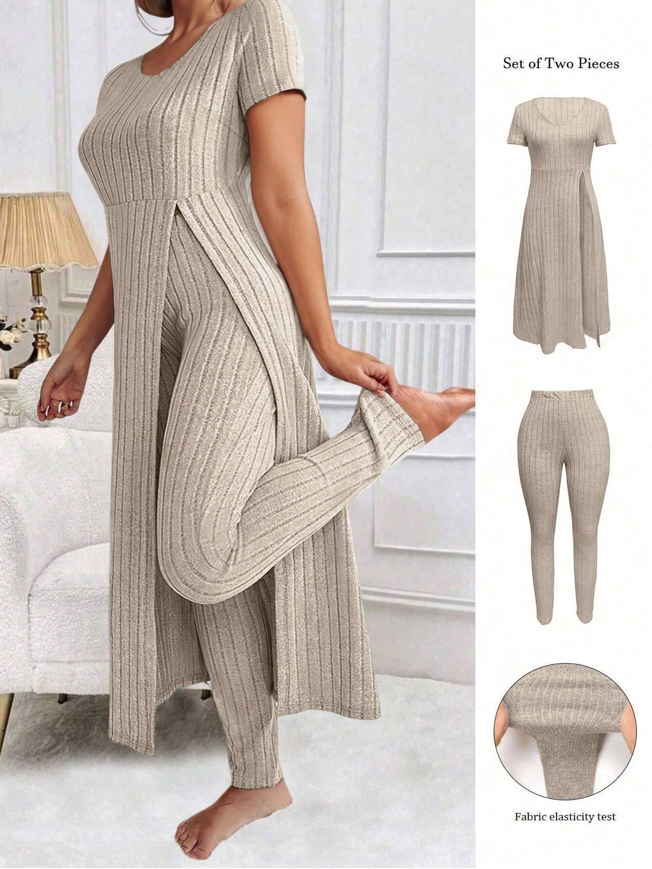 LUNE Plus Size Women Solid Color Simple Daily Short Sleeve Top & Long Pants Set