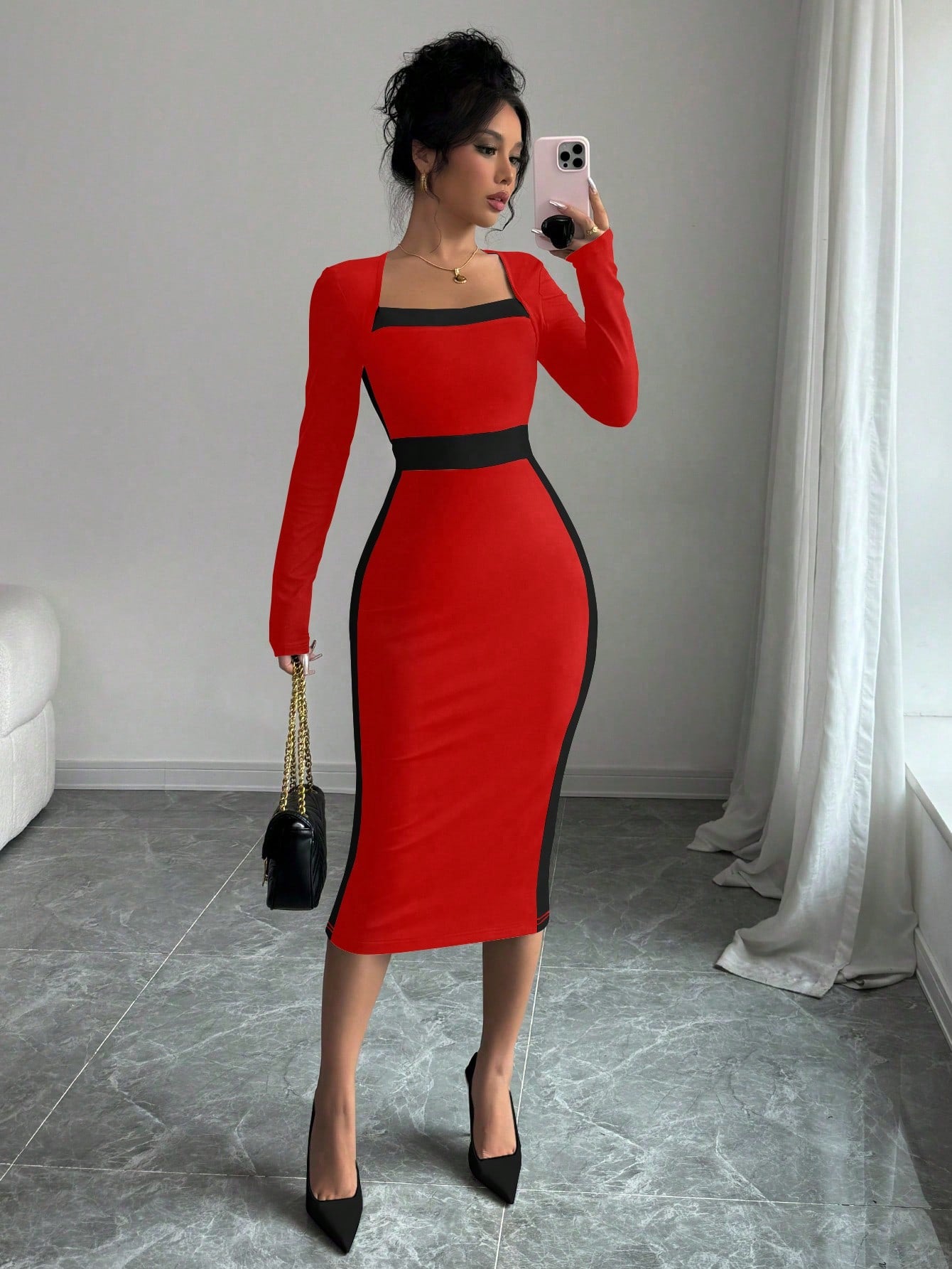Elenzga Square Neck Color Block Figure Hugging Sexy Women Dress Maxi Women Outfit