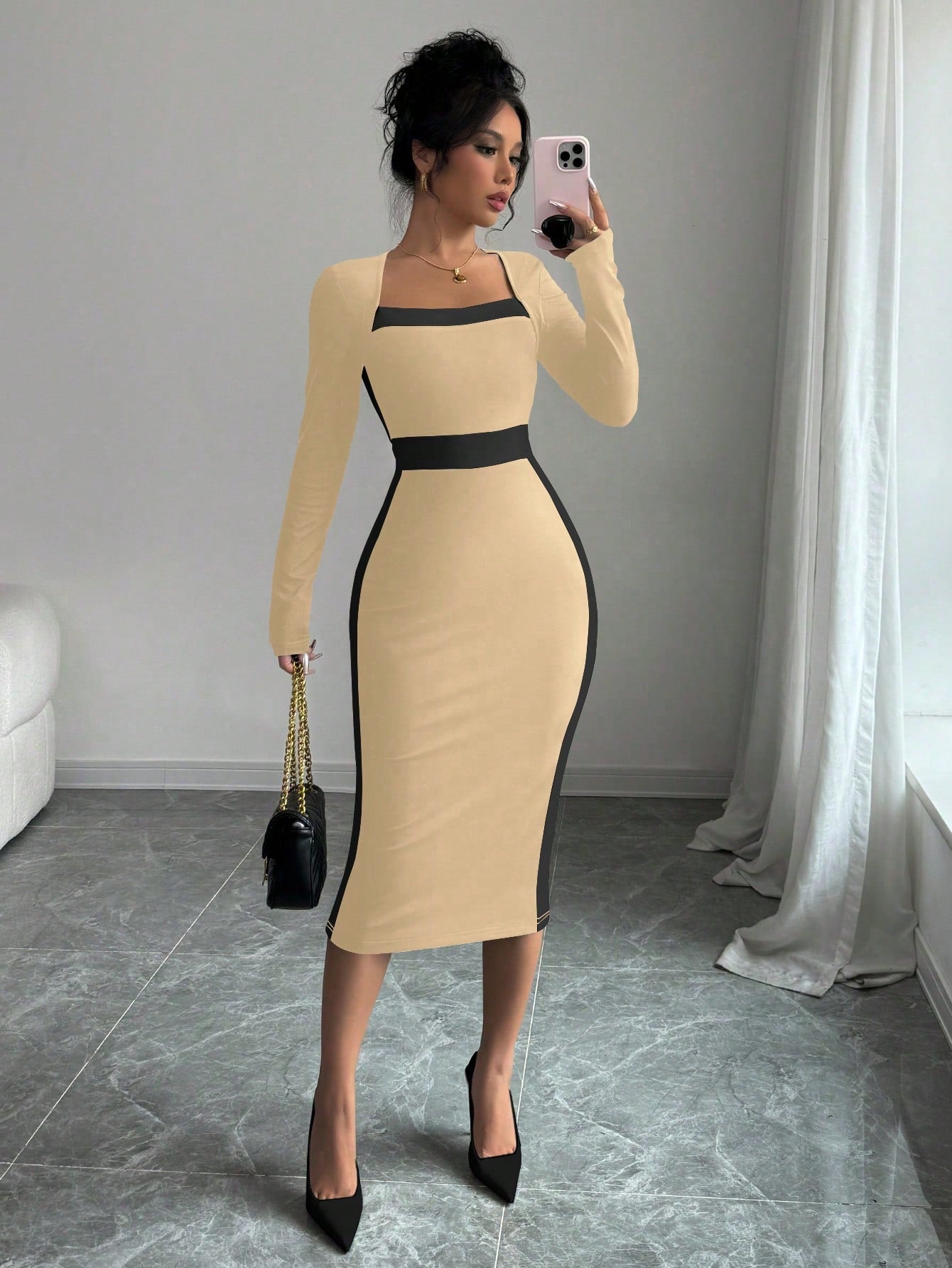 Elenzga Square Neck Color Block Figure Hugging Sexy Women Dress Maxi Women Outfit