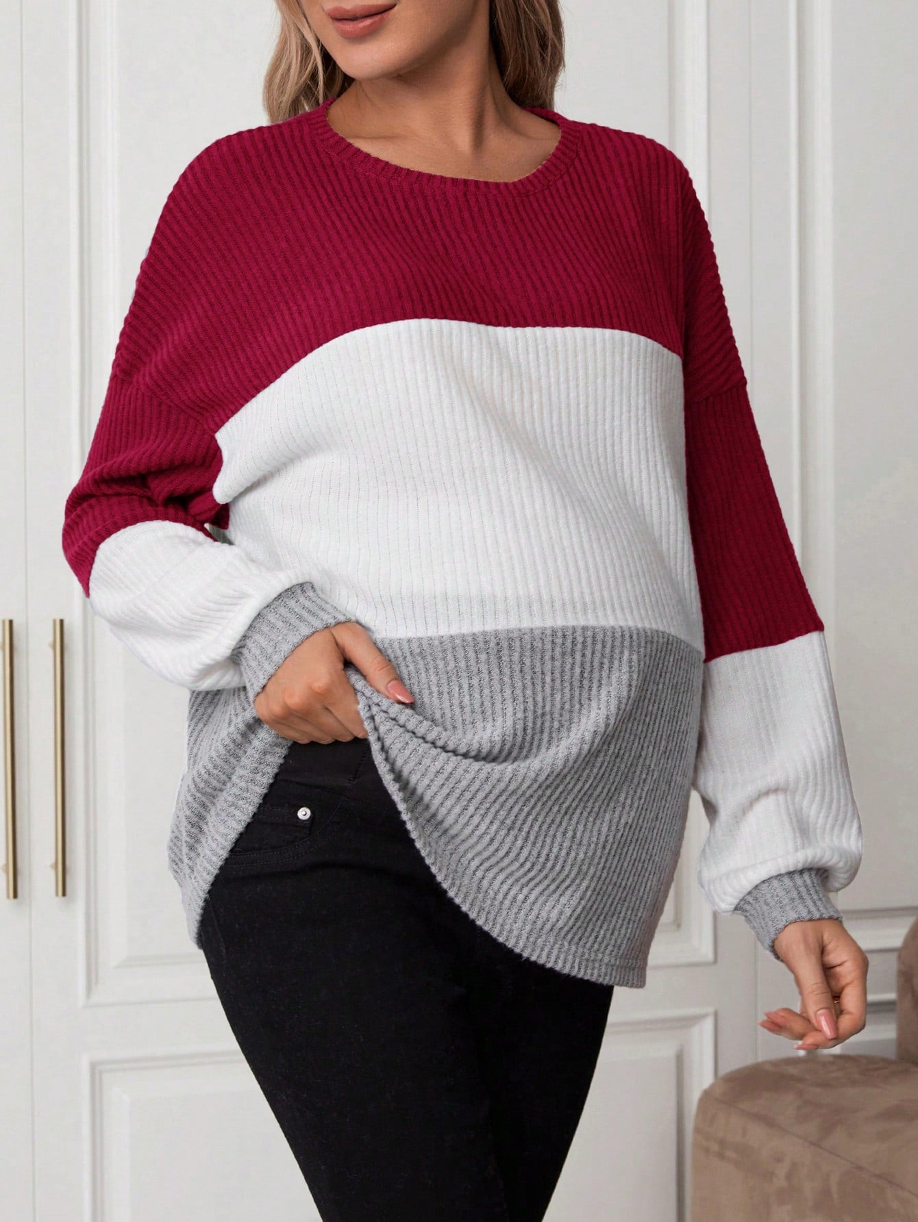 Maternity Color Block Drop Shoulder Ribbed T-Shirt With Long Sleeve