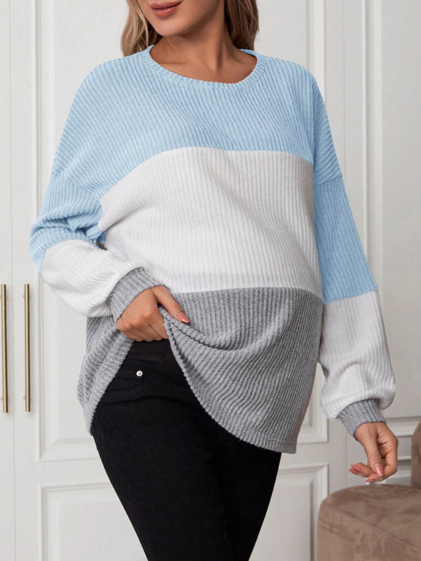 Maternity Color Block Drop Shoulder Ribbed T-Shirt With Long Sleeve