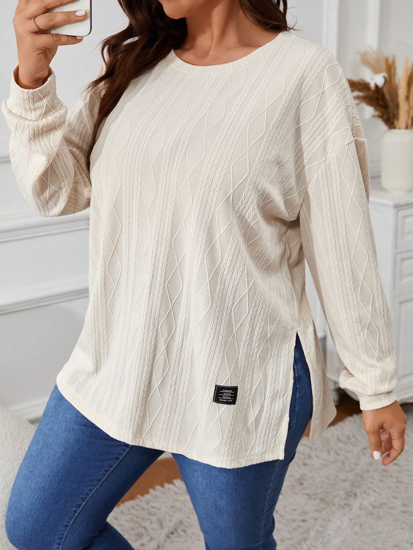 VCAY Plus Size Women Letter Print Dropped Shoulder Crew Neck Long Sleeve Casual T-Shirt, Autumn