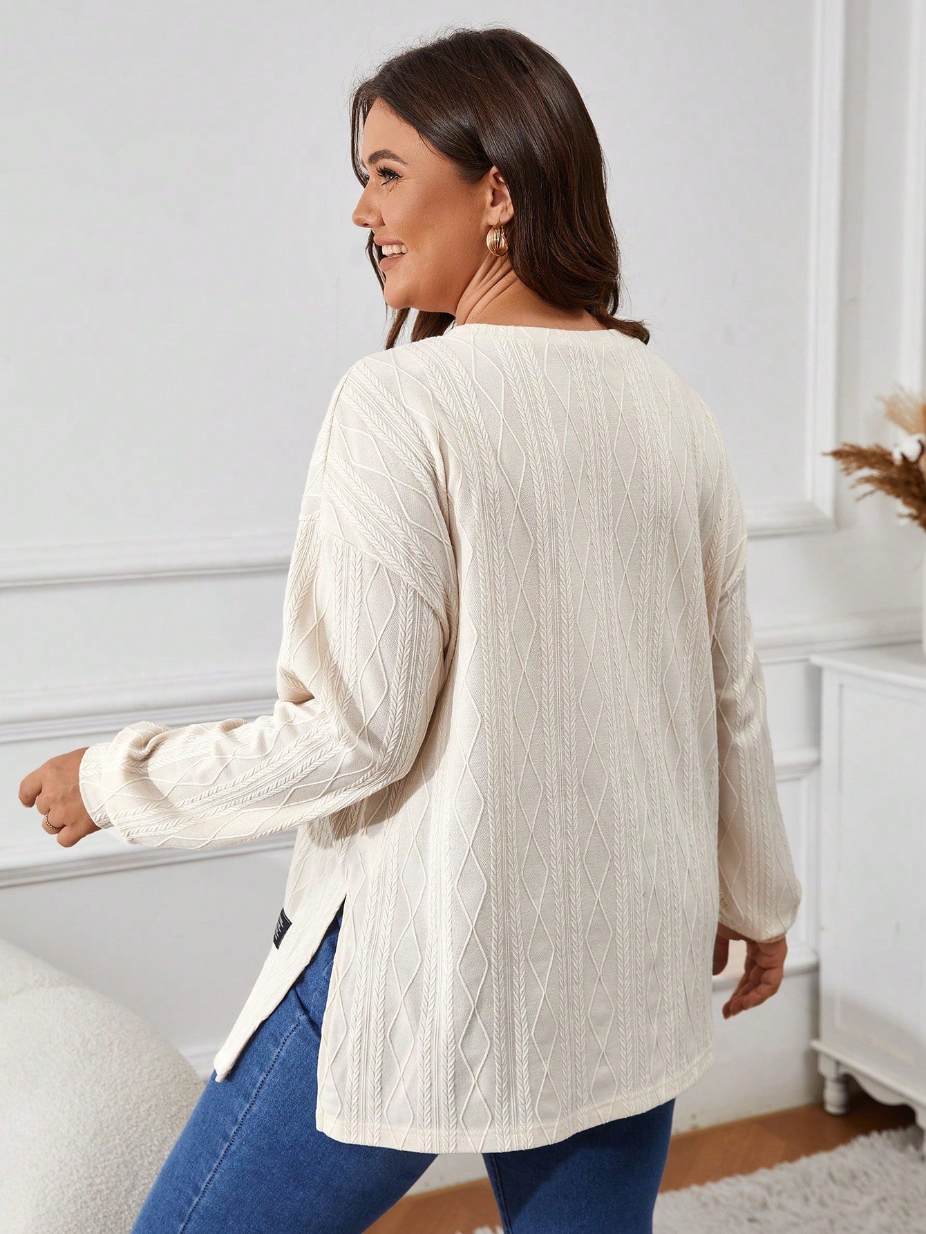 VCAY Plus Size Women Letter Print Dropped Shoulder Crew Neck Long Sleeve Casual T-Shirt, Autumn