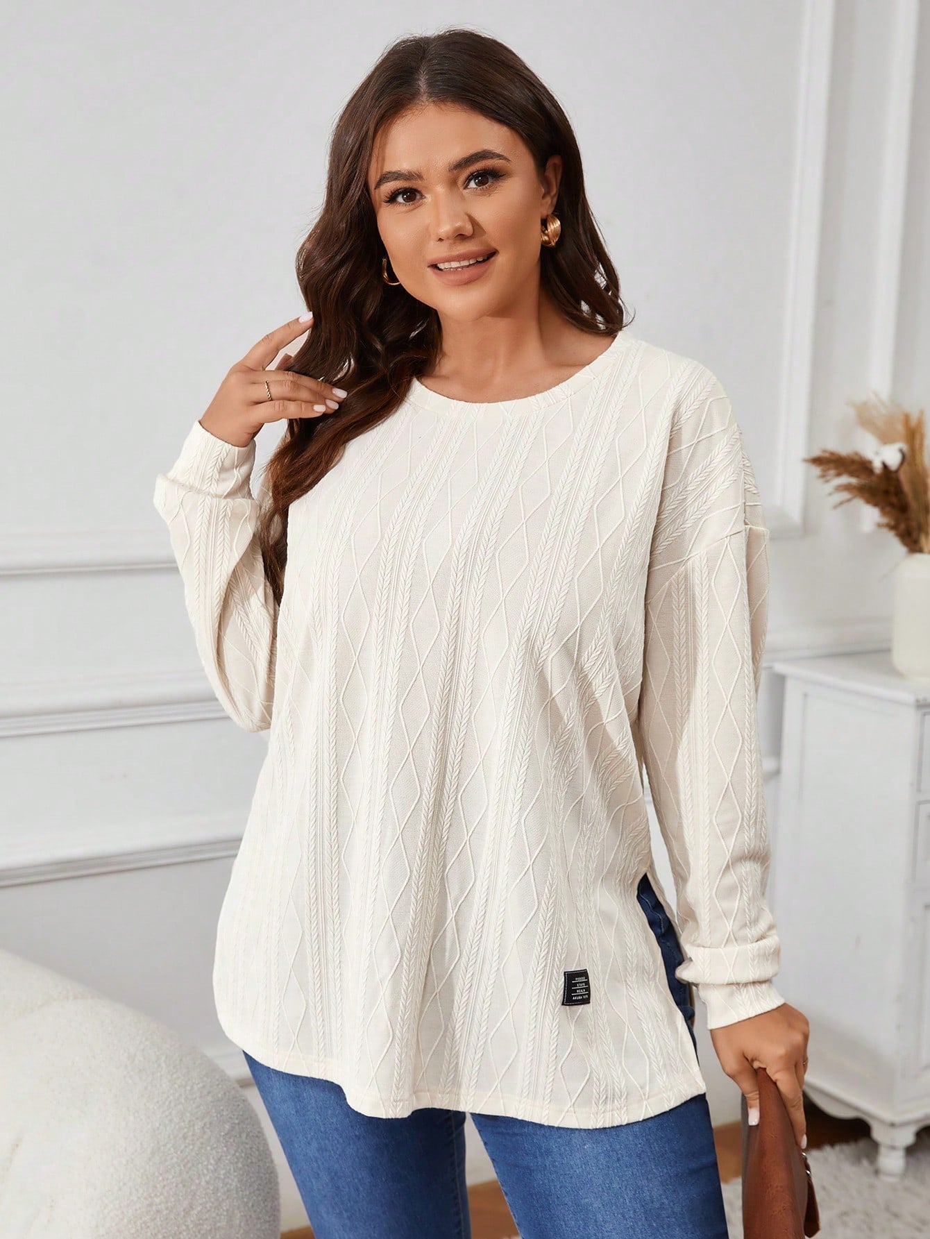 VCAY Plus Size Women Letter Print Dropped Shoulder Crew Neck Long Sleeve Casual T-Shirt, Autumn
