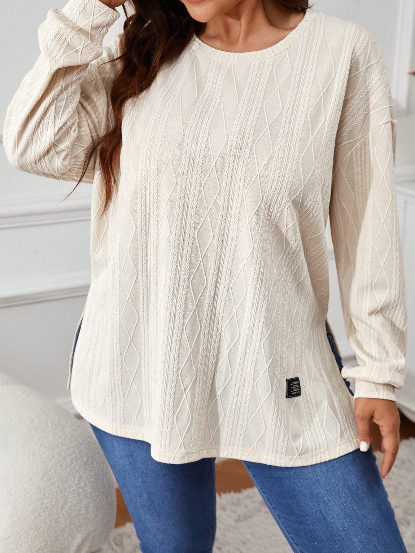 VCAY Plus Size Women Letter Print Dropped Shoulder Crew Neck Long Sleeve Casual T-Shirt, Autumn