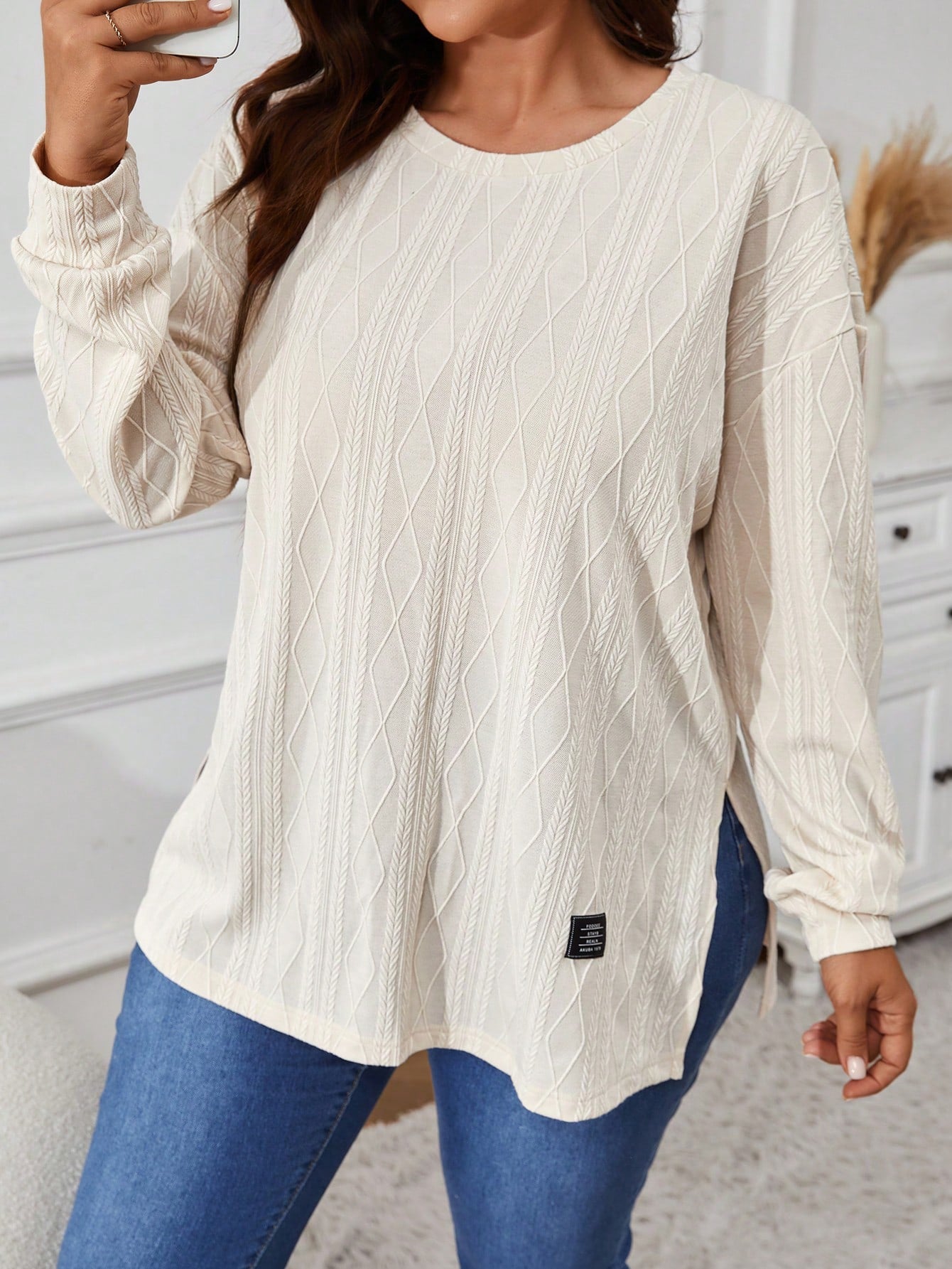 VCAY Plus Size Women Letter Print Dropped Shoulder Crew Neck Long Sleeve Casual T-Shirt, Autumn