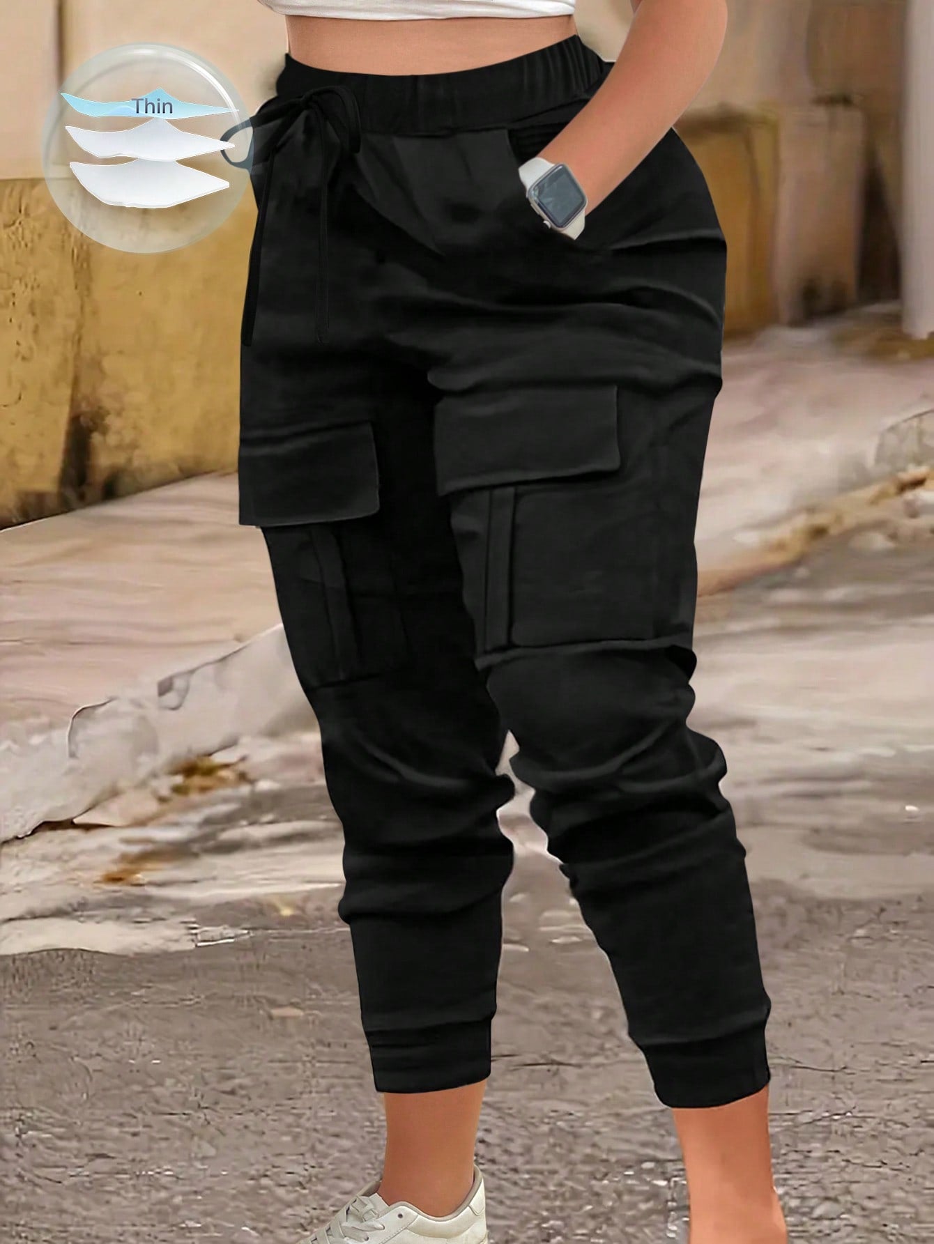 MOOSTA Plus Size Drawstring Waist & Cuffed Workwear Long Trousers