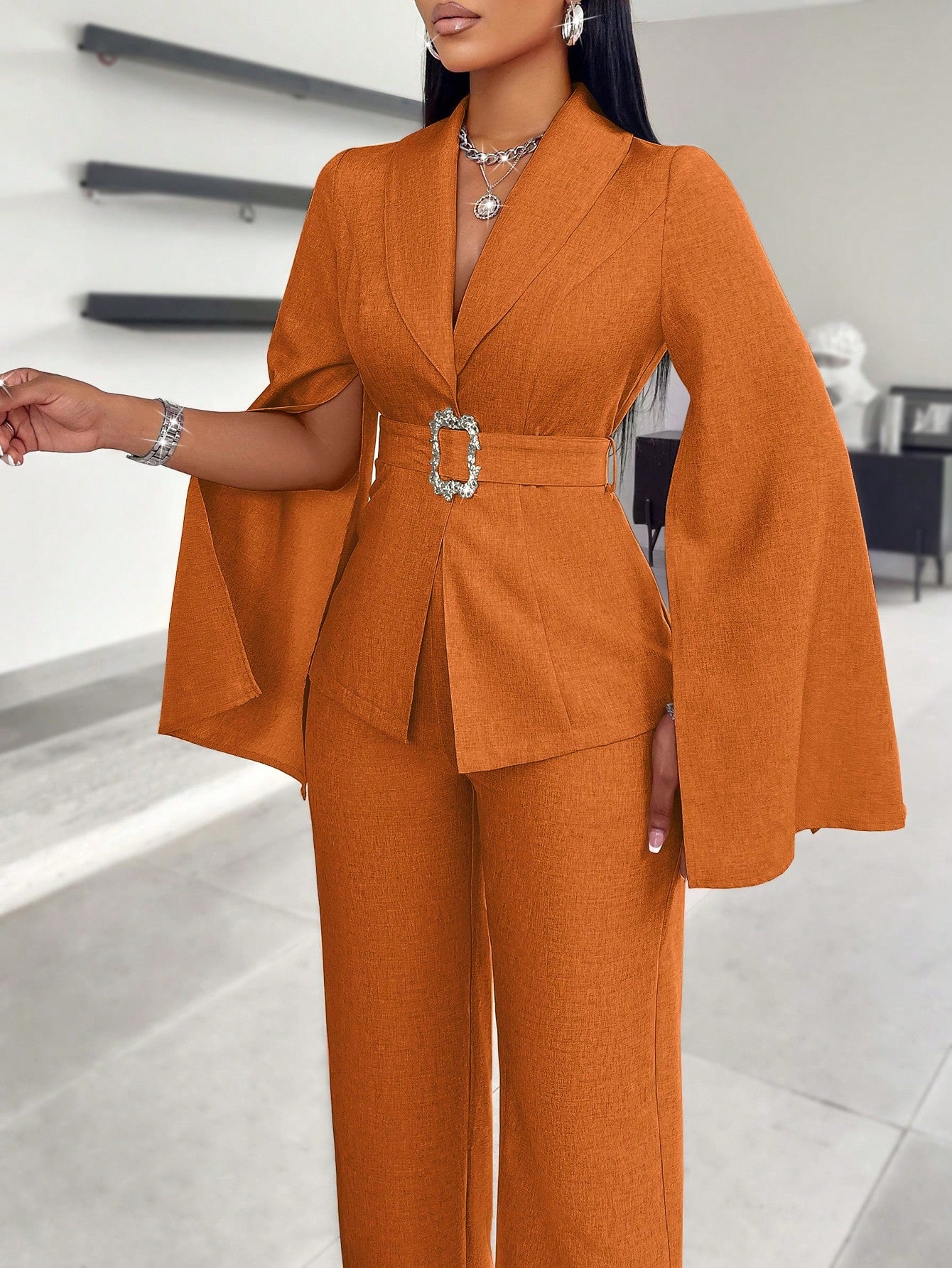 SOLERSUN Glossy Satin Suit Jacket, Women's Suit Set, Business Commuter Suit. Spring And Autumn Season Suits, Autumn And Winter Cape Sleeves, Elegant, Outdoor Clothing