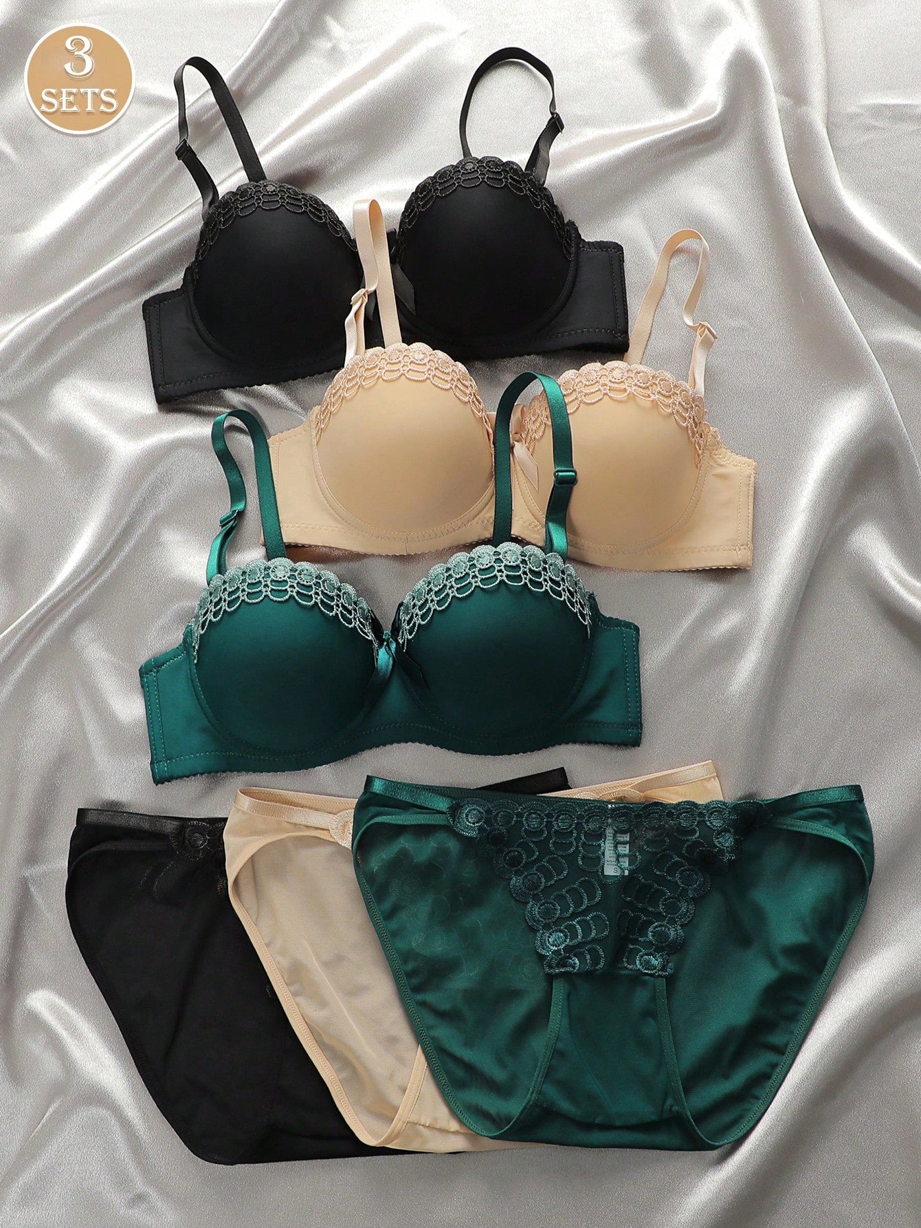 3Sets Underwire Push-Up Bra And Panties With Embroidered Decoration Lingerie Panty Sets