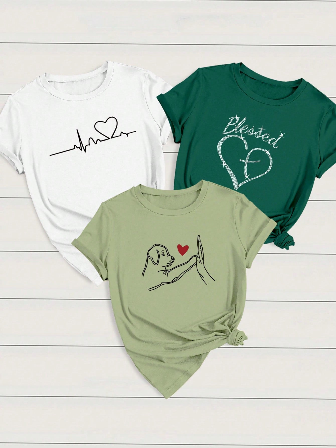 INAWLY 3pcs/Set Women Heart & Letter ECG Graphic T-Shirts, Casual Short Sleeve Tops Graphic Tees Women Tops