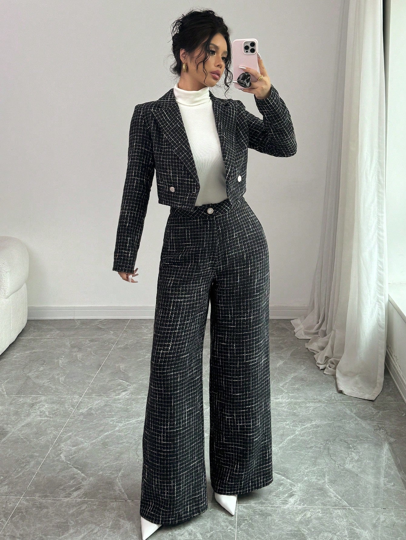 Modely 2pcs Women Elegant Set - Plaid Printed Double-Breasted Long Sleeve Blazer Jacket & Loose Fit Trousers
