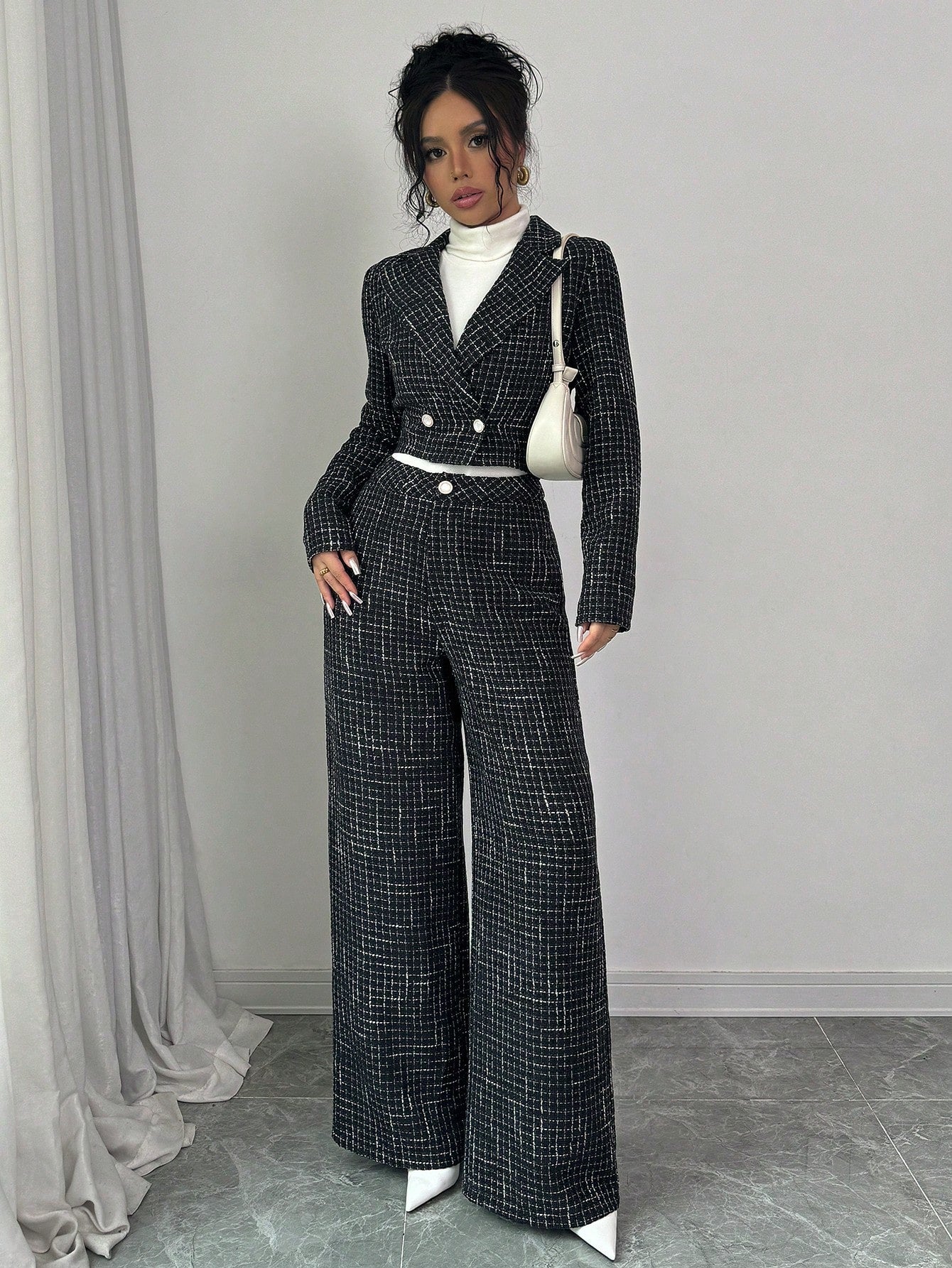Modely 2pcs Women Elegant Set - Plaid Printed Double-Breasted Long Sleeve Blazer Jacket & Loose Fit Trousers