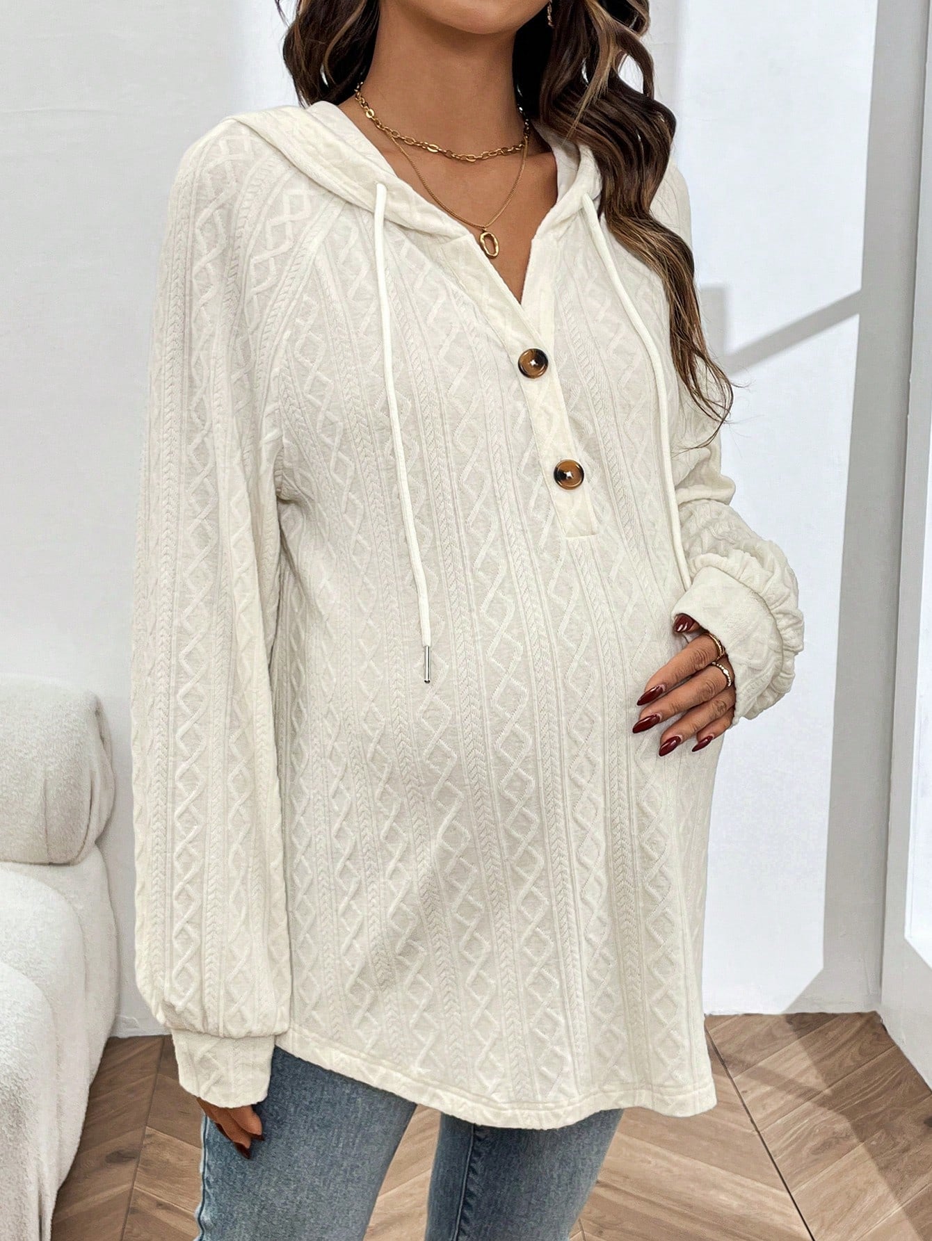Maternity Buttoned Half Placket Drawstring Hoodie With Ribbed Details And Raglan Sleeves, For Winter