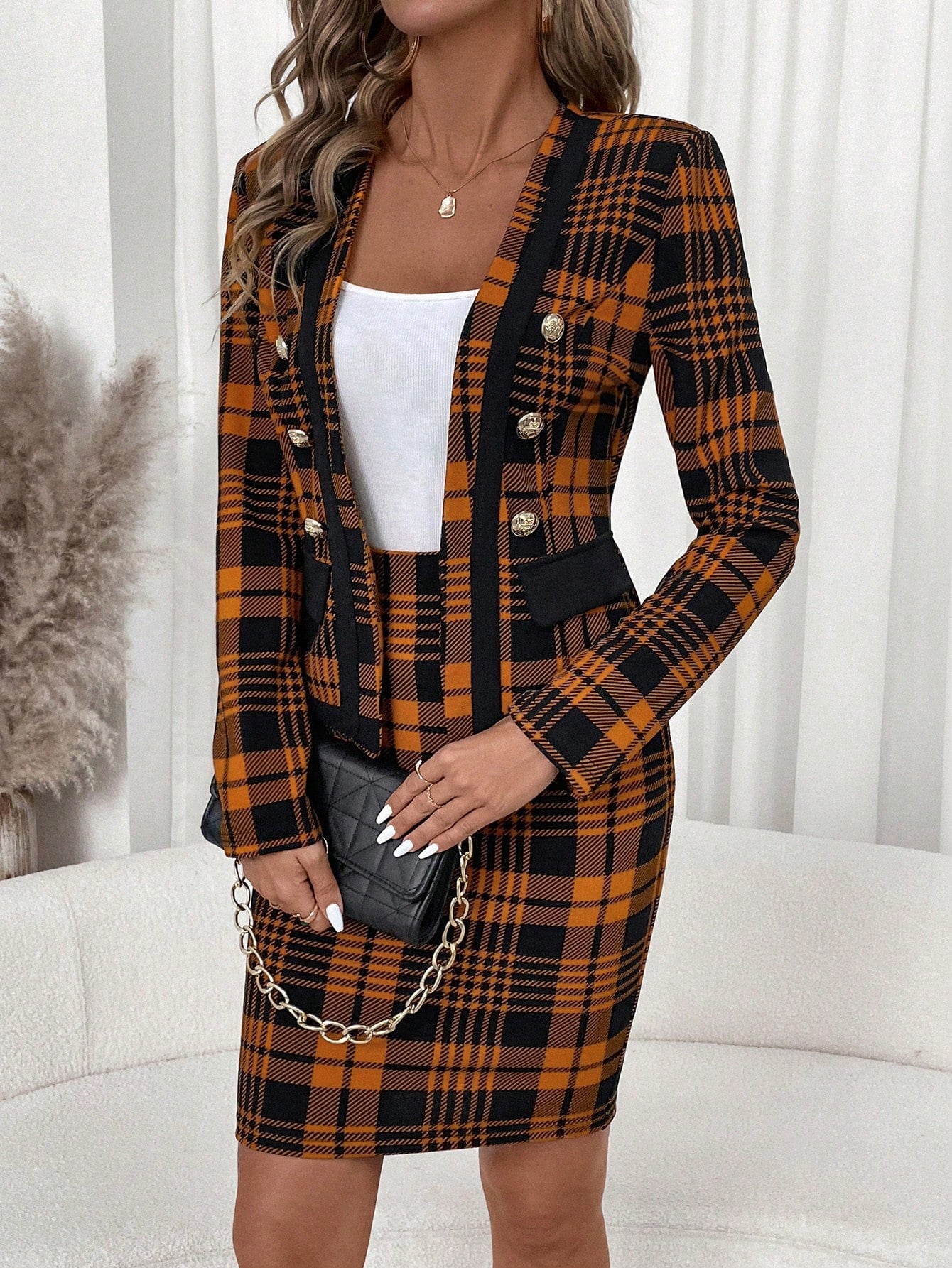 Clasi Contrast Trim Button Detail Jacket & Bodycon Dress Black Two Piece Set