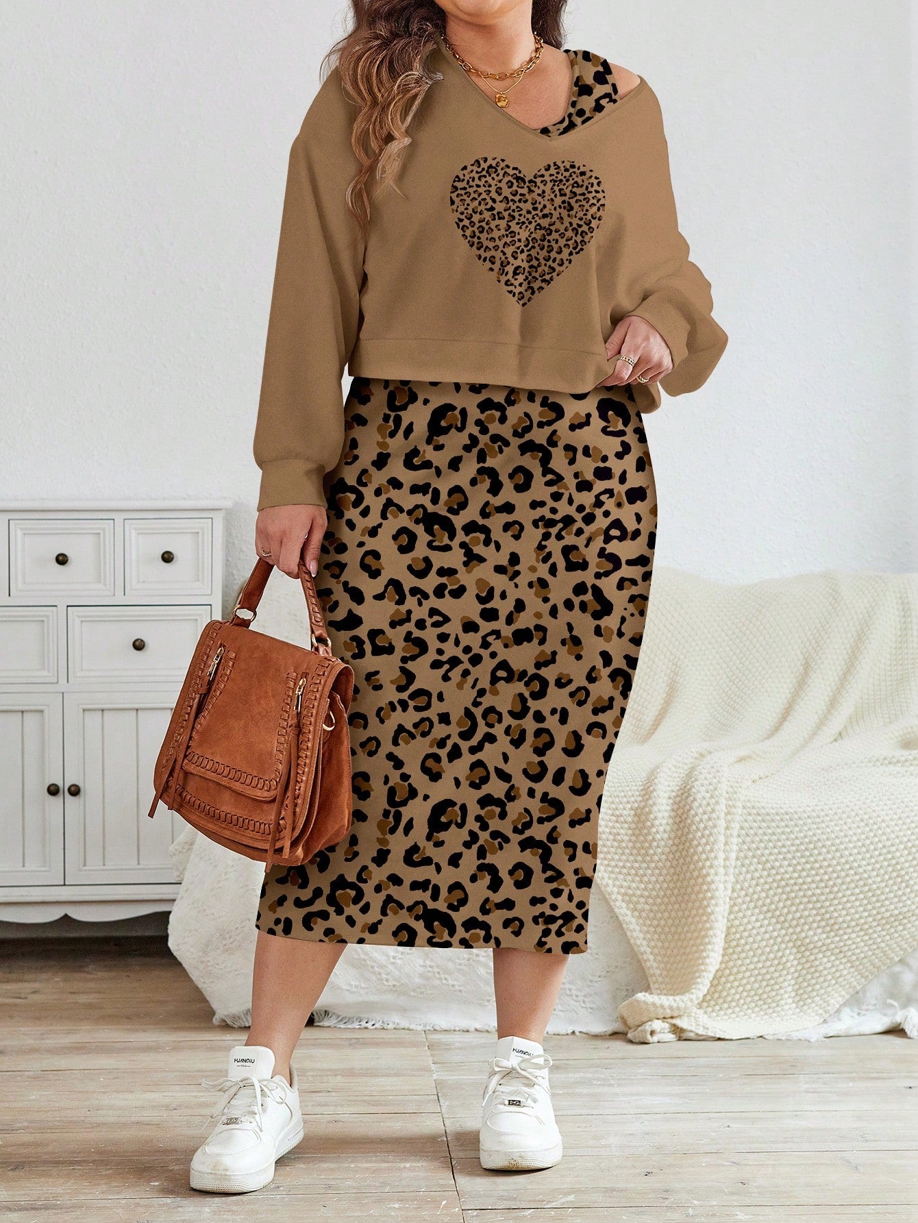 LUNE 2pcs/Set Plus Size Women Casual Heart & Leopard Print Sweatshirt Dress Suit, Autumn/Winter