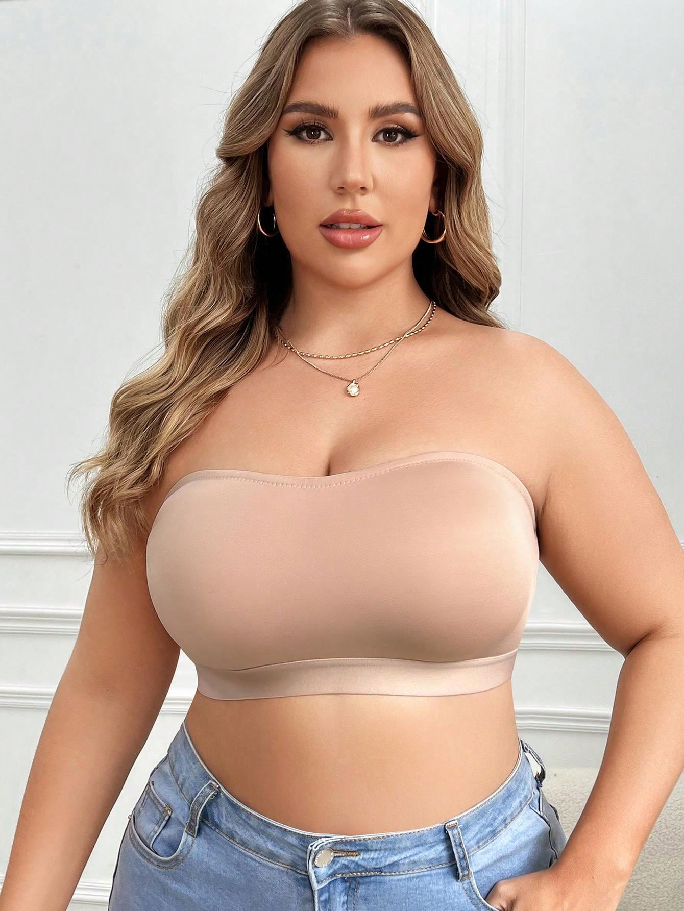 Plus Size Solid Color Bandeau Simple Wireless Bra, Casual Everyday Wear