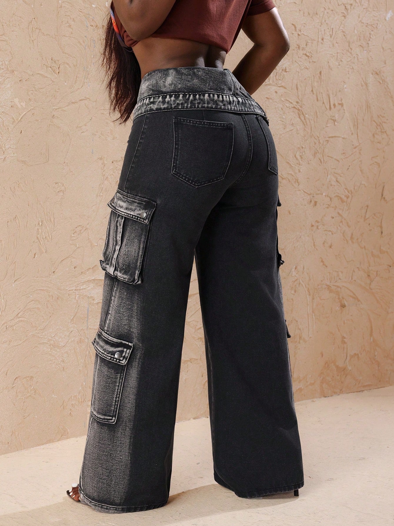 Slayr Women's Utility Pocket Wide Leg Relaxed Waist Fold-Over Casual Jeans