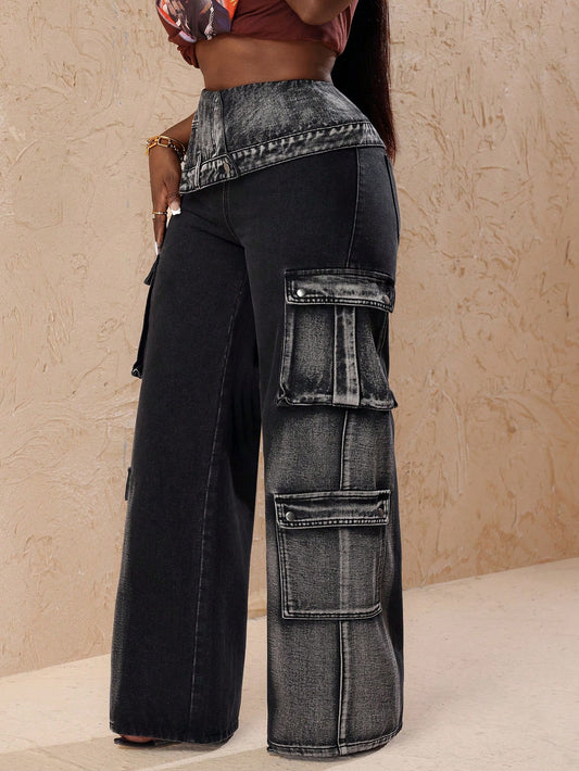 Slayr Women's Utility Pocket Wide Leg Relaxed Waist Fold-Over Casual Jeans