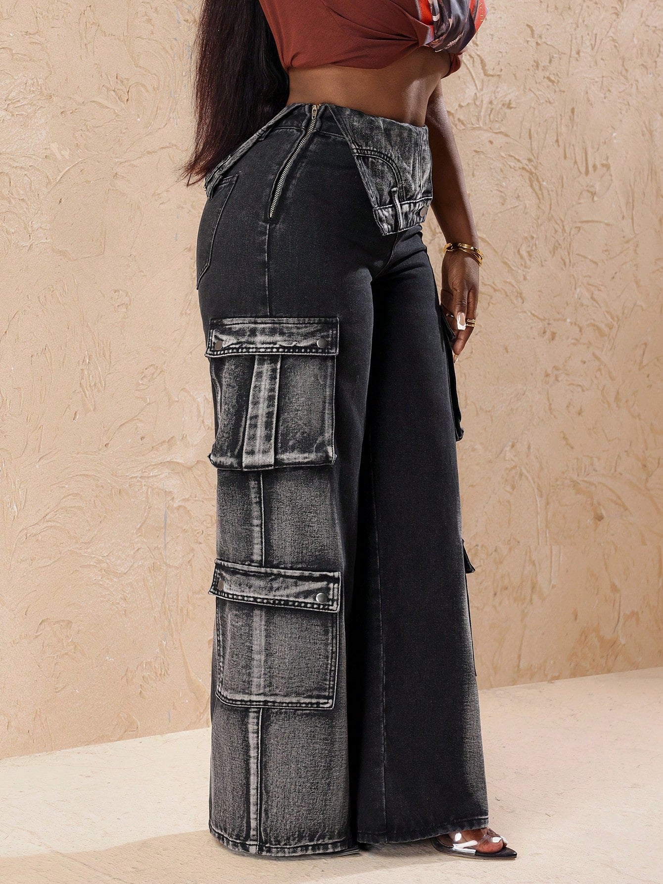 Slayr Women's Utility Pocket Wide Leg Relaxed Waist Fold-Over Casual Jeans