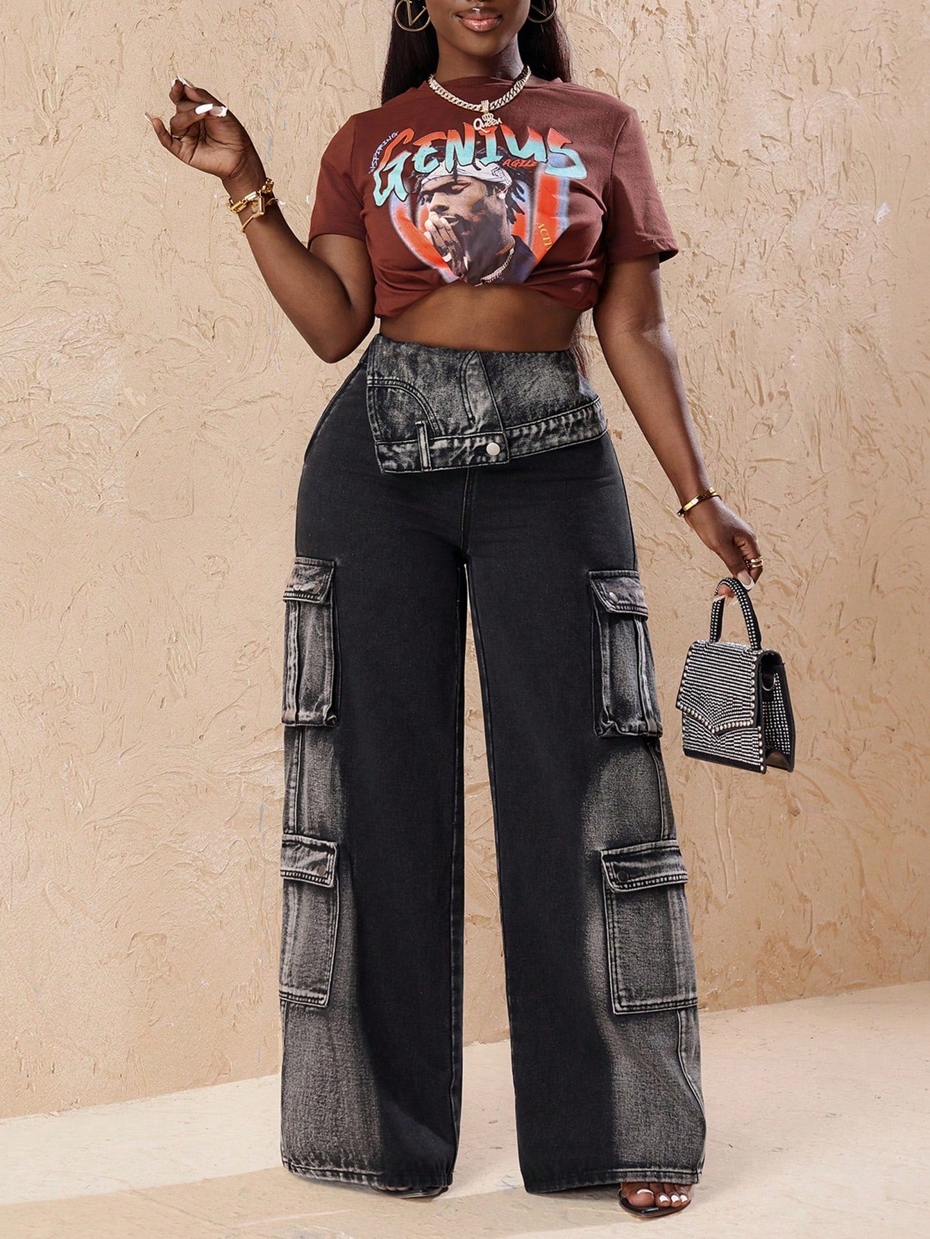 Slayr Women's Utility Pocket Wide Leg Relaxed Waist Fold-Over Casual Jeans