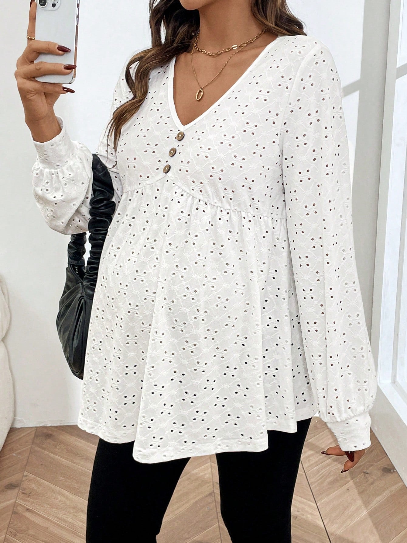 Maternity Button Down V-Neck Loose Long Sleeve T-Shirt