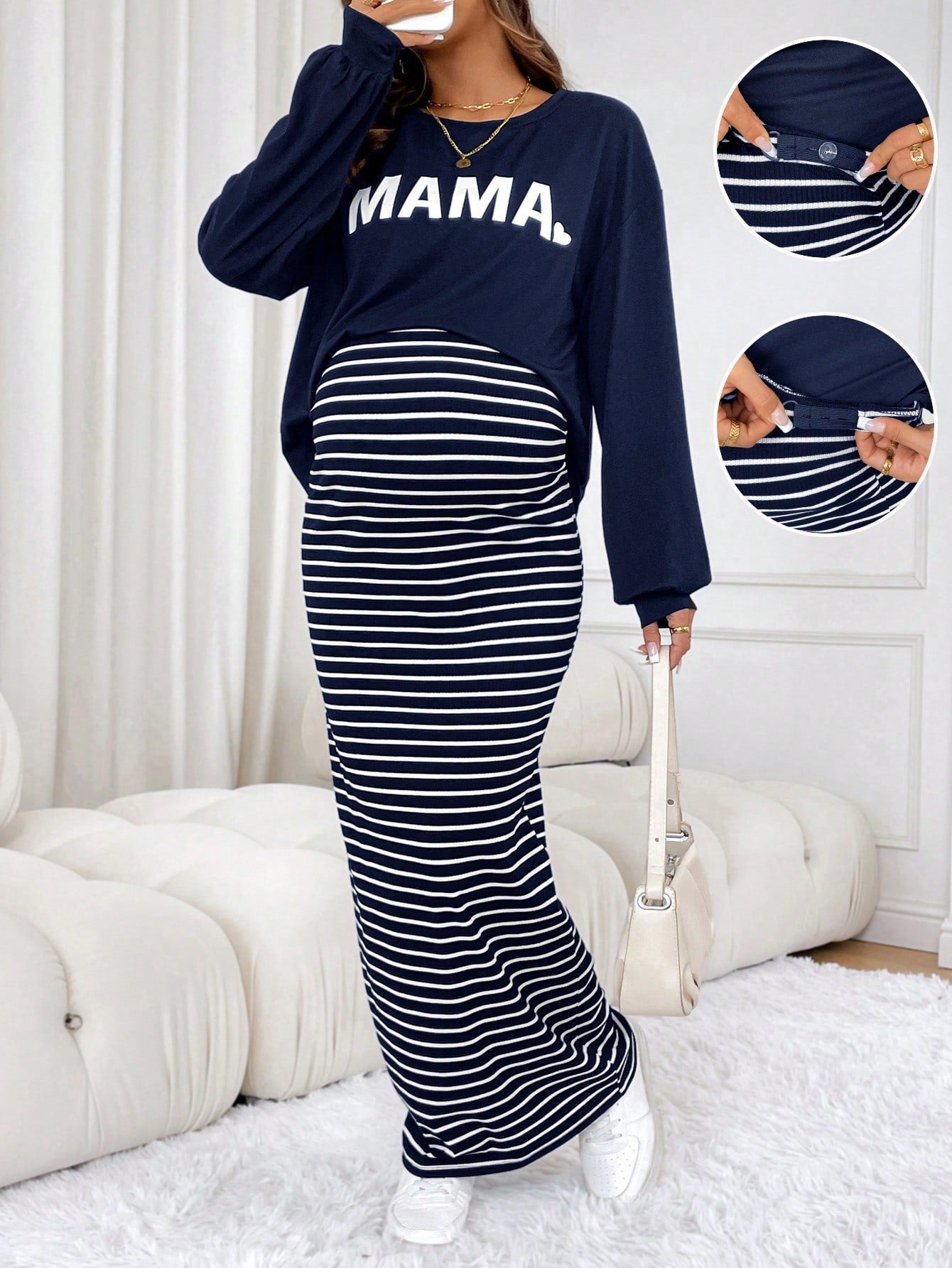 2pcs Maternity Casual Letter Print Long Sleeve Top And Stripe Bodycon Dress Set, Spring/Autumn