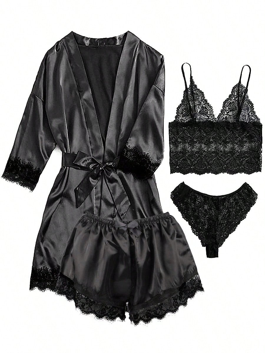 Luxtrada Women's Stain Pajamas Set 4Pcs Sexy Lingerie Floral Lace Trim Cami Shorts Panties Loungewear Comfy Nightwear Lightweight Sleepwear With Robe