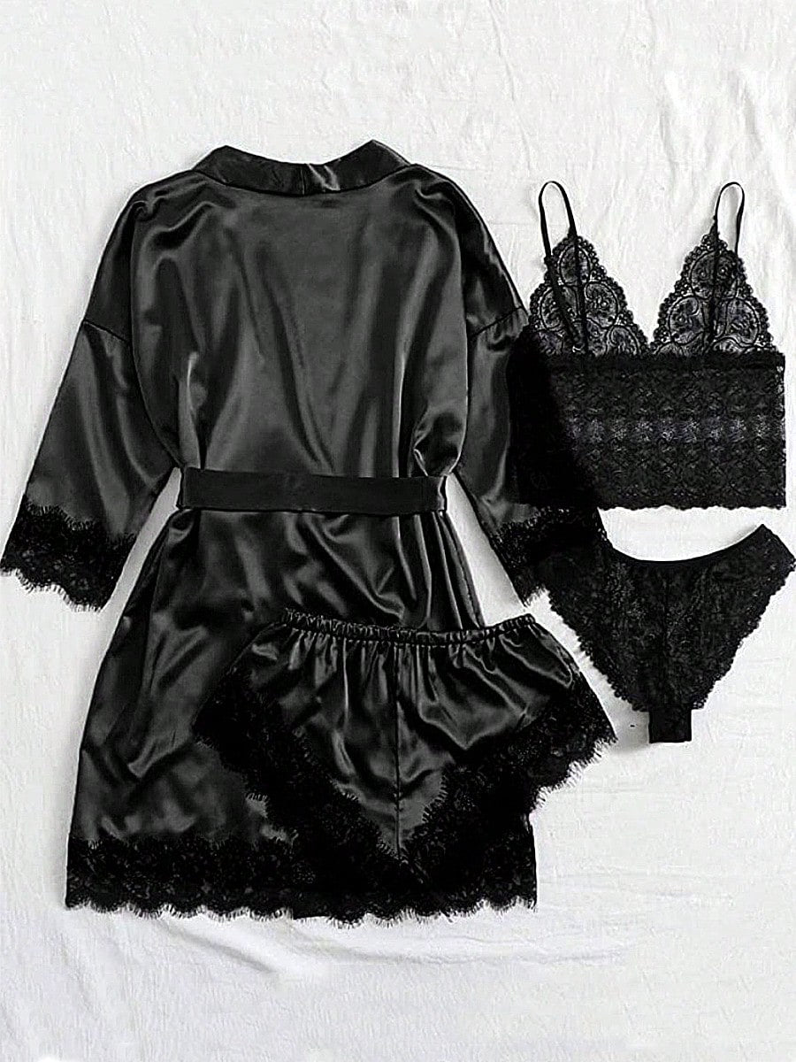 Luxtrada Women's Stain Pajamas Set 4Pcs Sexy Lingerie Floral Lace Trim Cami Shorts Panties Loungewear Comfy Nightwear Lightweight Sleepwear With Robe