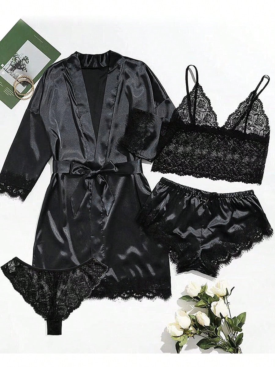 Luxtrada Women's Stain Pajamas Set 4Pcs Sexy Lingerie Floral Lace Trim Cami Shorts Panties Loungewear Comfy Nightwear Lightweight Sleepwear With Robe