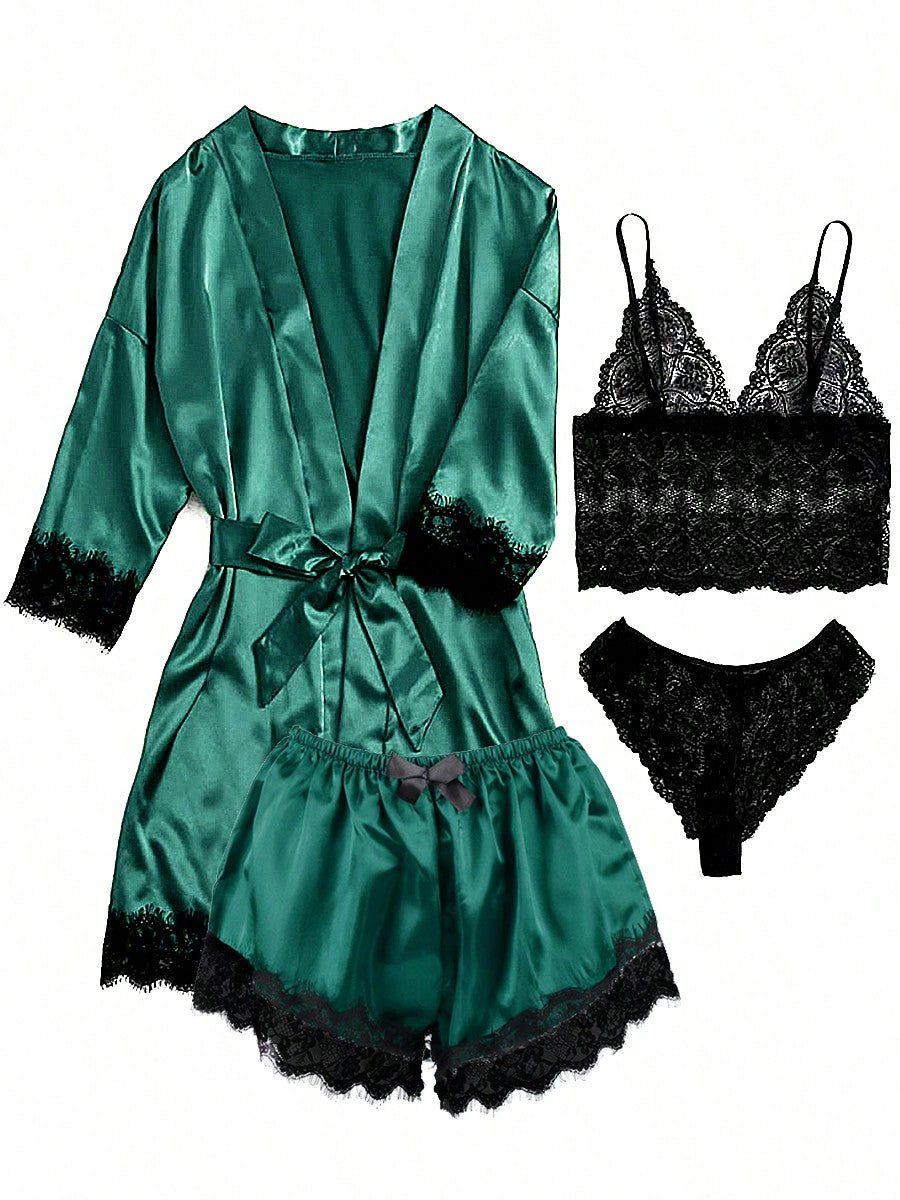 Luxtrada Women's Stain Pajamas Set 4Pcs Sexy Lingerie Floral Lace Trim Cami Shorts Panties Loungewear Comfy Nightwear Lightweight Sleepwear With Robe