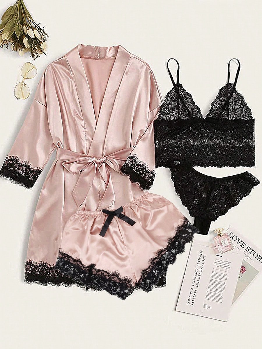 Luxtrada Women's Stain Pajamas Set 4Pcs Sexy Lingerie Floral Lace Trim Cami Shorts Panties Loungewear Comfy Nightwear Lightweight Sleepwear With Robe