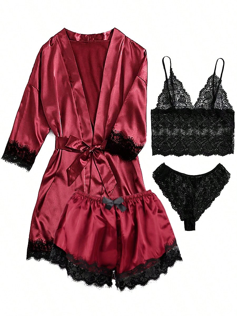 Luxtrada Women's Stain Pajamas Set 4Pcs Sexy Lingerie Floral Lace Trim Cami Shorts Panties Loungewear Comfy Nightwear Lightweight Sleepwear With Robe