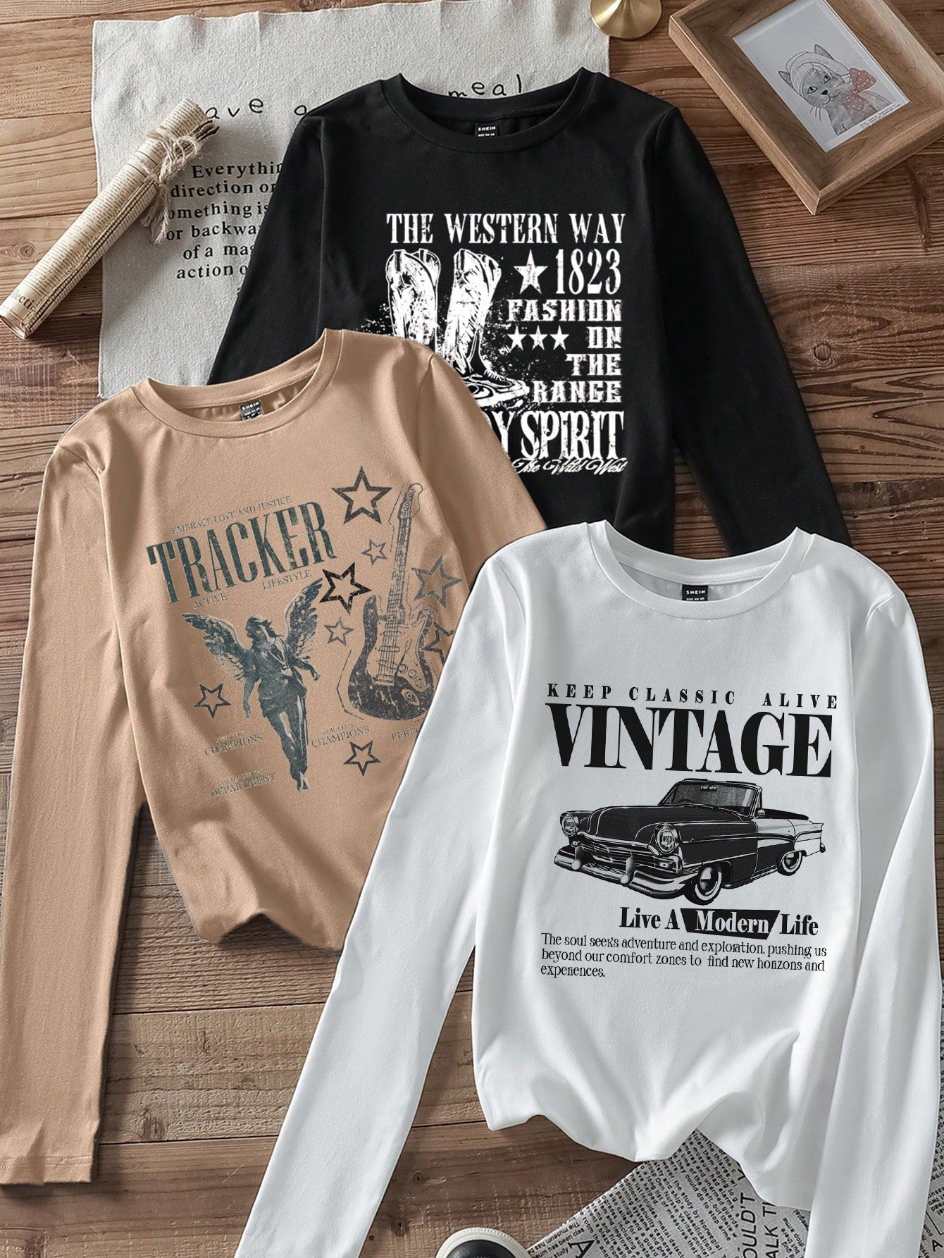 EZwear 3pcs Set Women Casual Letter Print Round Neck Slim Fit Long Sleeve T-Shirt Outfit, Suitable For Autumn