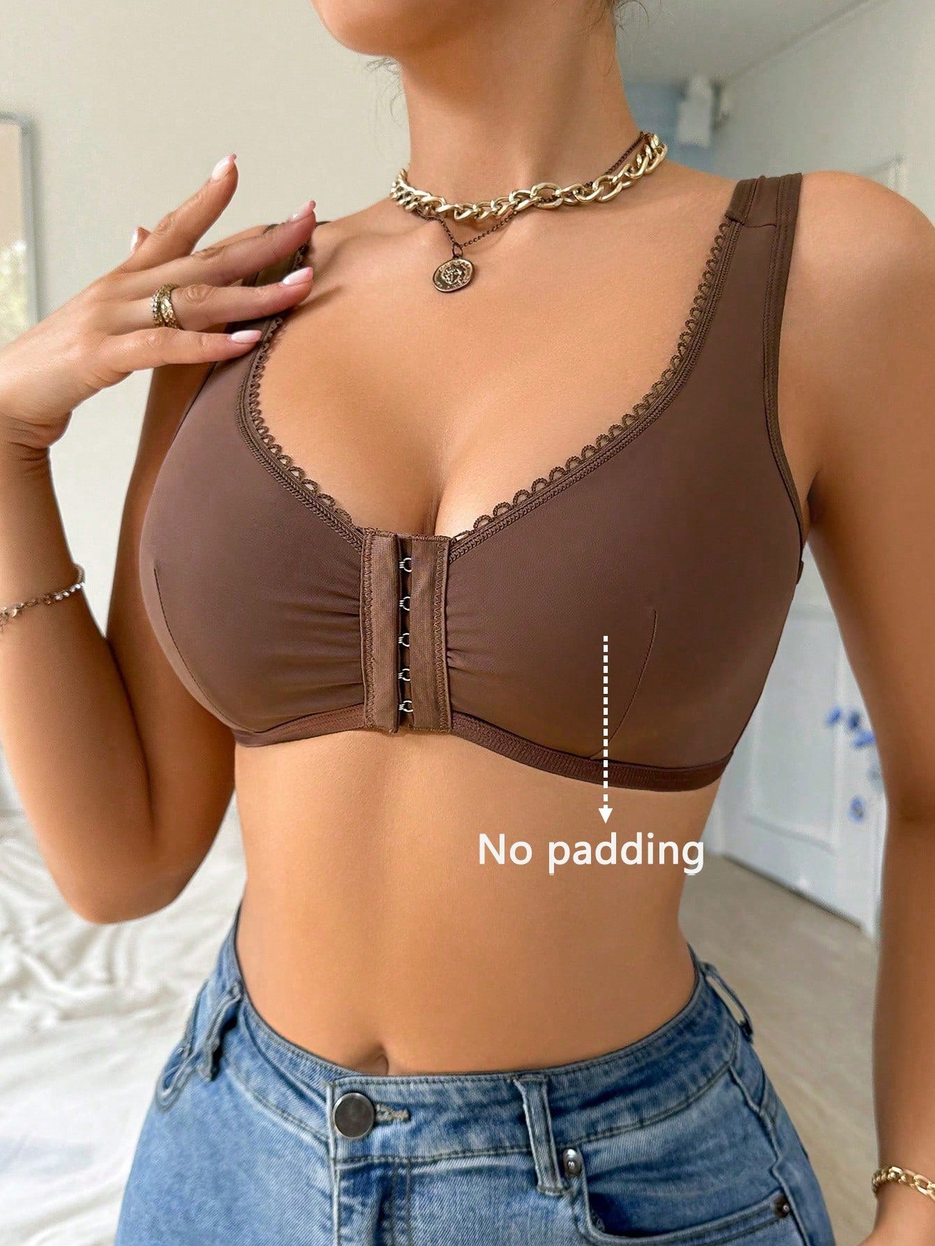 Women's Front Closure Bra, Wirefree And Non-Padded Brown Lingeriebrown Topsbrown Top