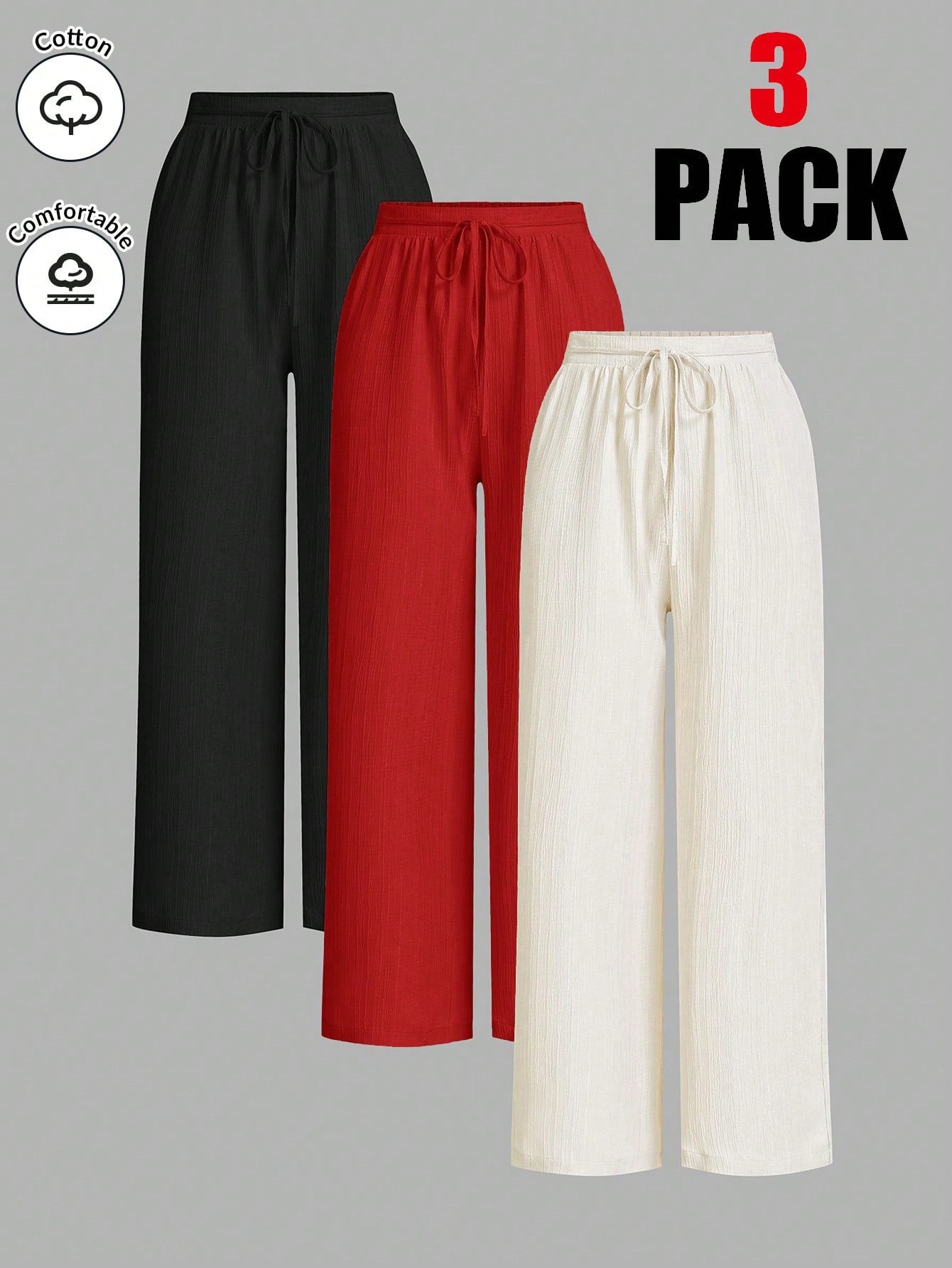 Essnce Women Solid Color Waist Tie Loose Casual 3-Piece Set, Wide Leg Pants