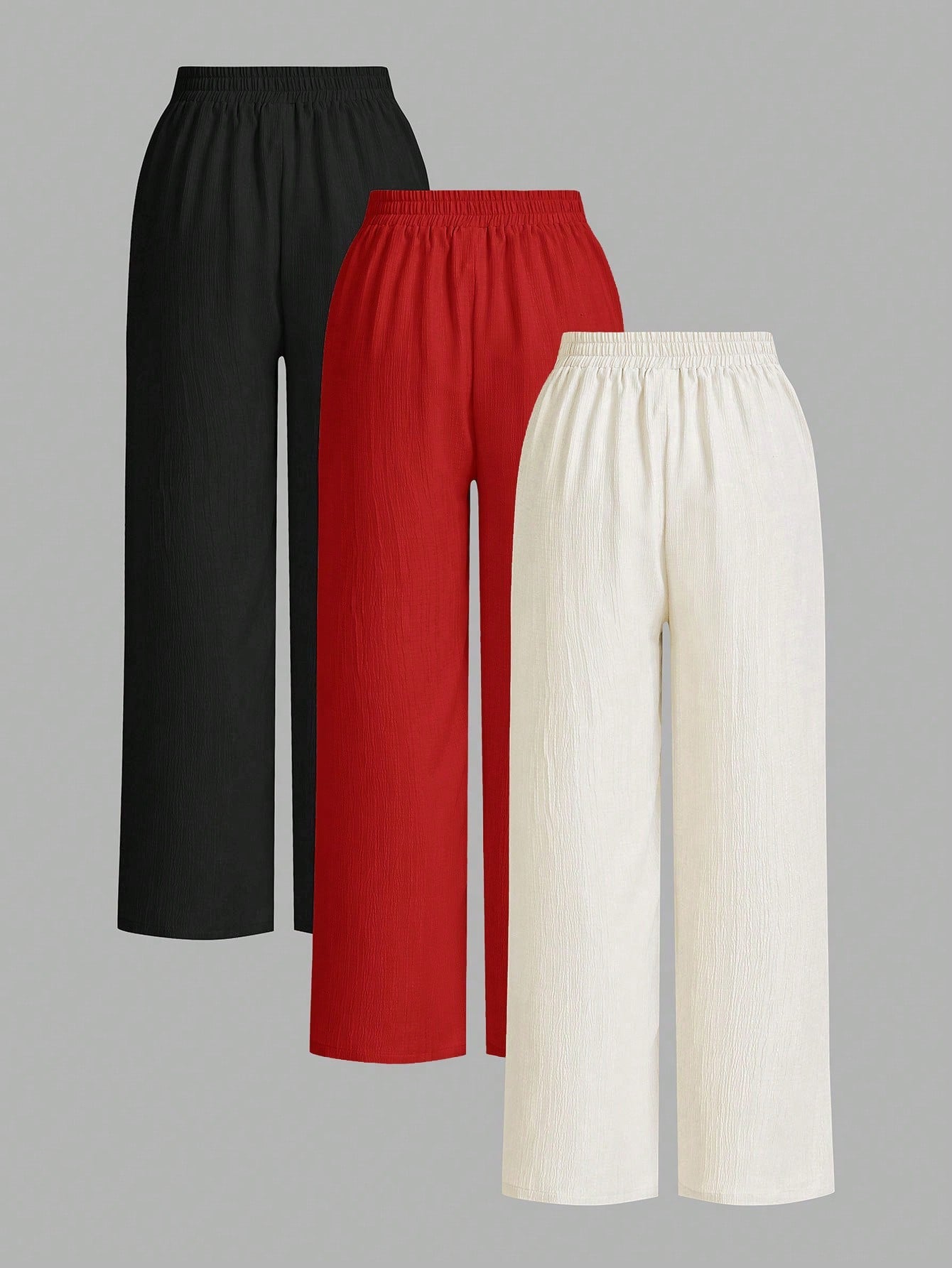 Essnce Women Solid Color Waist Tie Loose Casual 3-Piece Set, Wide Leg Pants