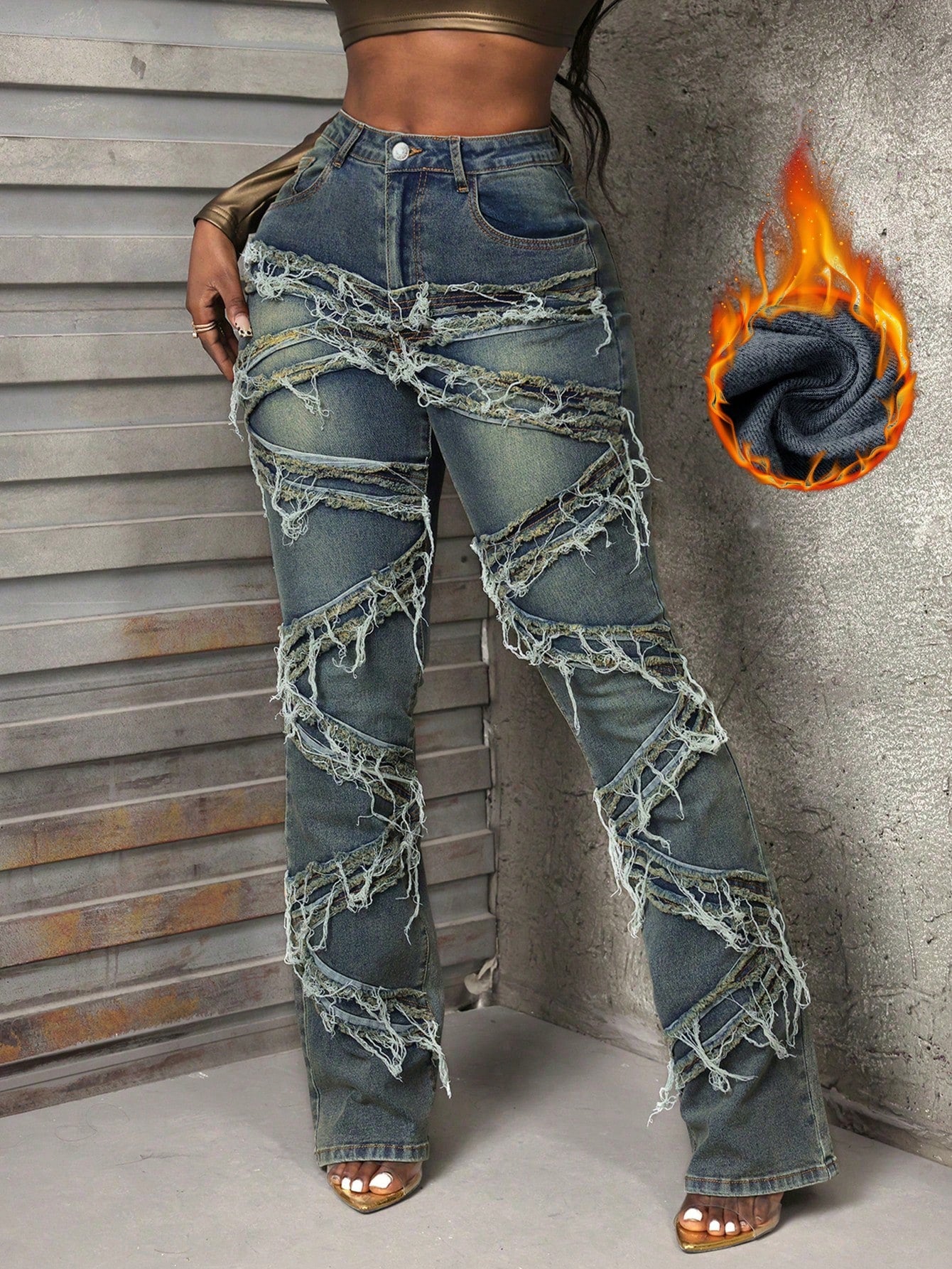 Slayr Women's Fashion Patchwork Fringed Hem Casual Denim Jeans