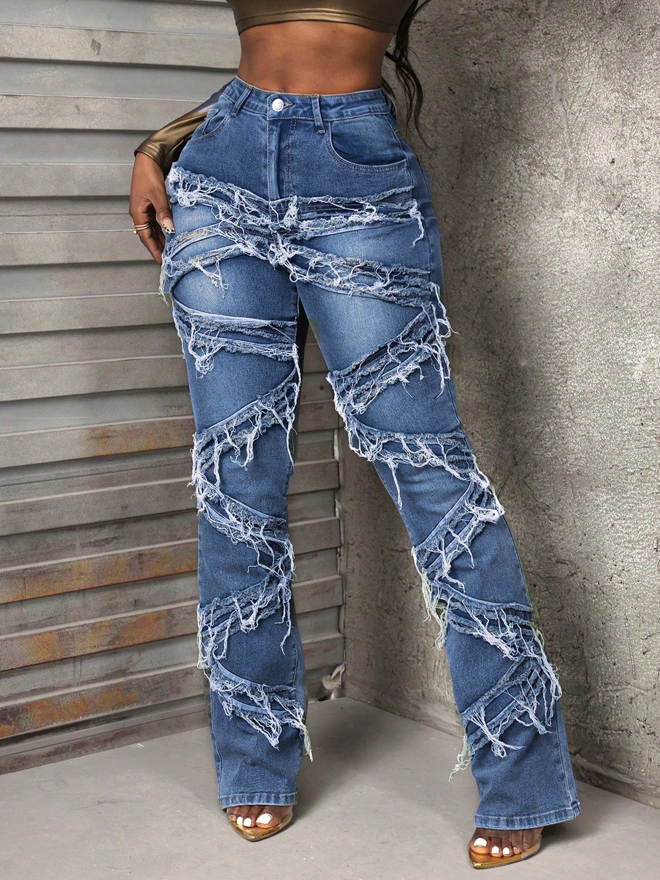 Slayr Women's Fashion Patchwork Fringed Hem Casual Denim Jeans