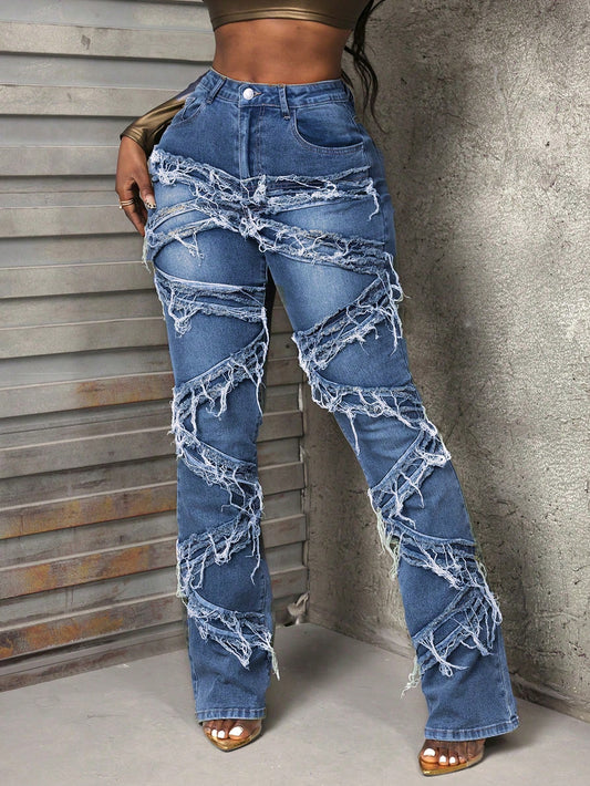 Slayr Women's Fashion Patchwork Fringed Hem Casual Denim Jeans