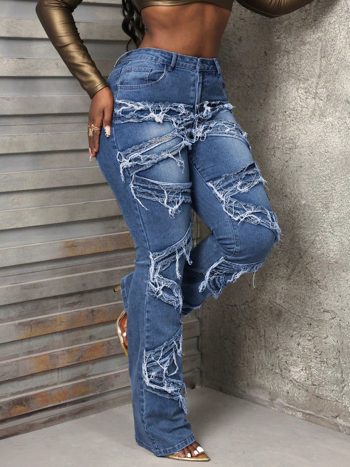 Slayr Women's Fashion Patchwork Fringed Hem Casual Denim Jeans