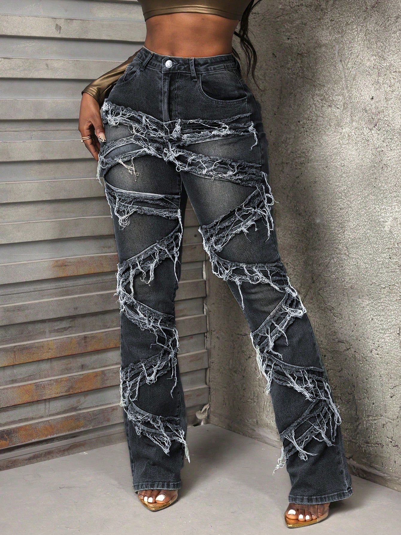 Slayr Women's Fashion Patchwork Fringed Hem Casual Denim Jeans